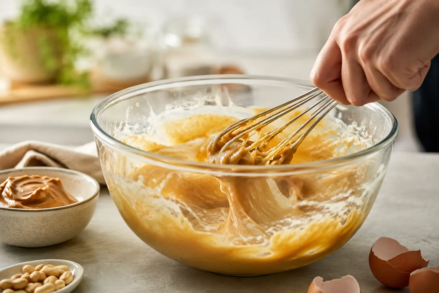 Fouet mélangeant les ingrédients humides pour la pâte de brownie protéiné