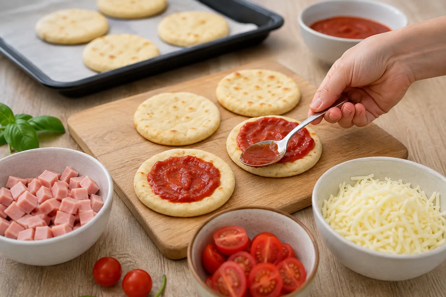 Main étalant du coulis de tomate et disposant la garniture sur les bases de mini-pizzas