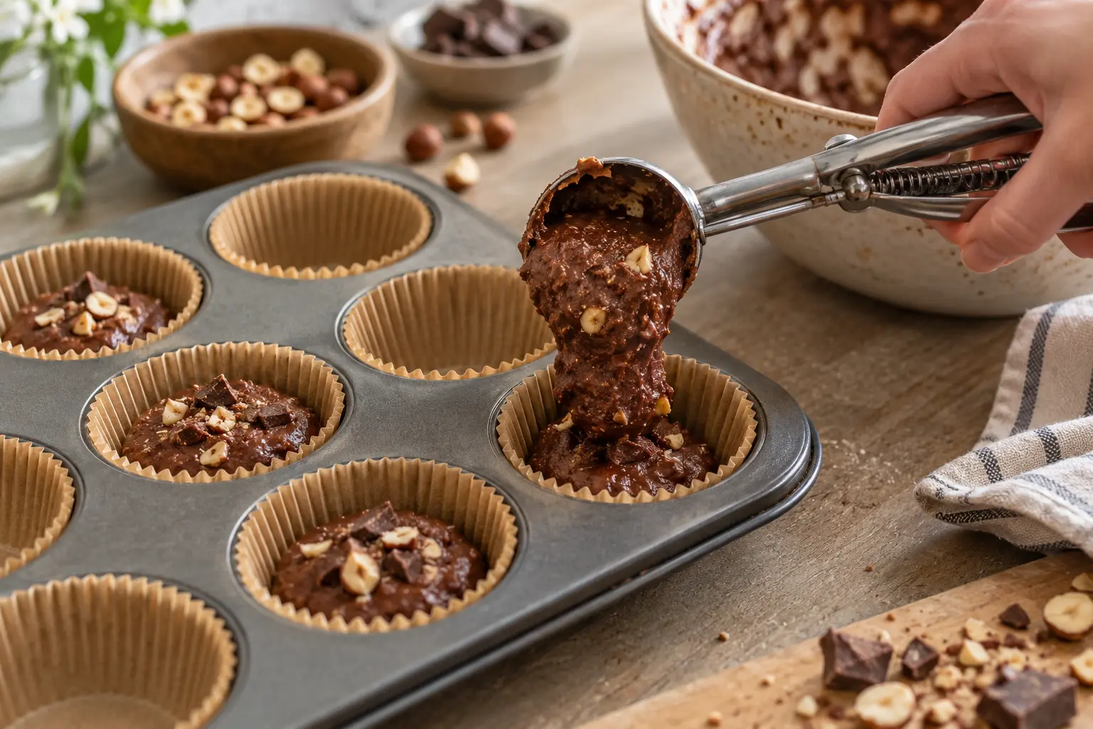 Pâte à muffins chocolat-noisette répartie dans un moule à muffins
