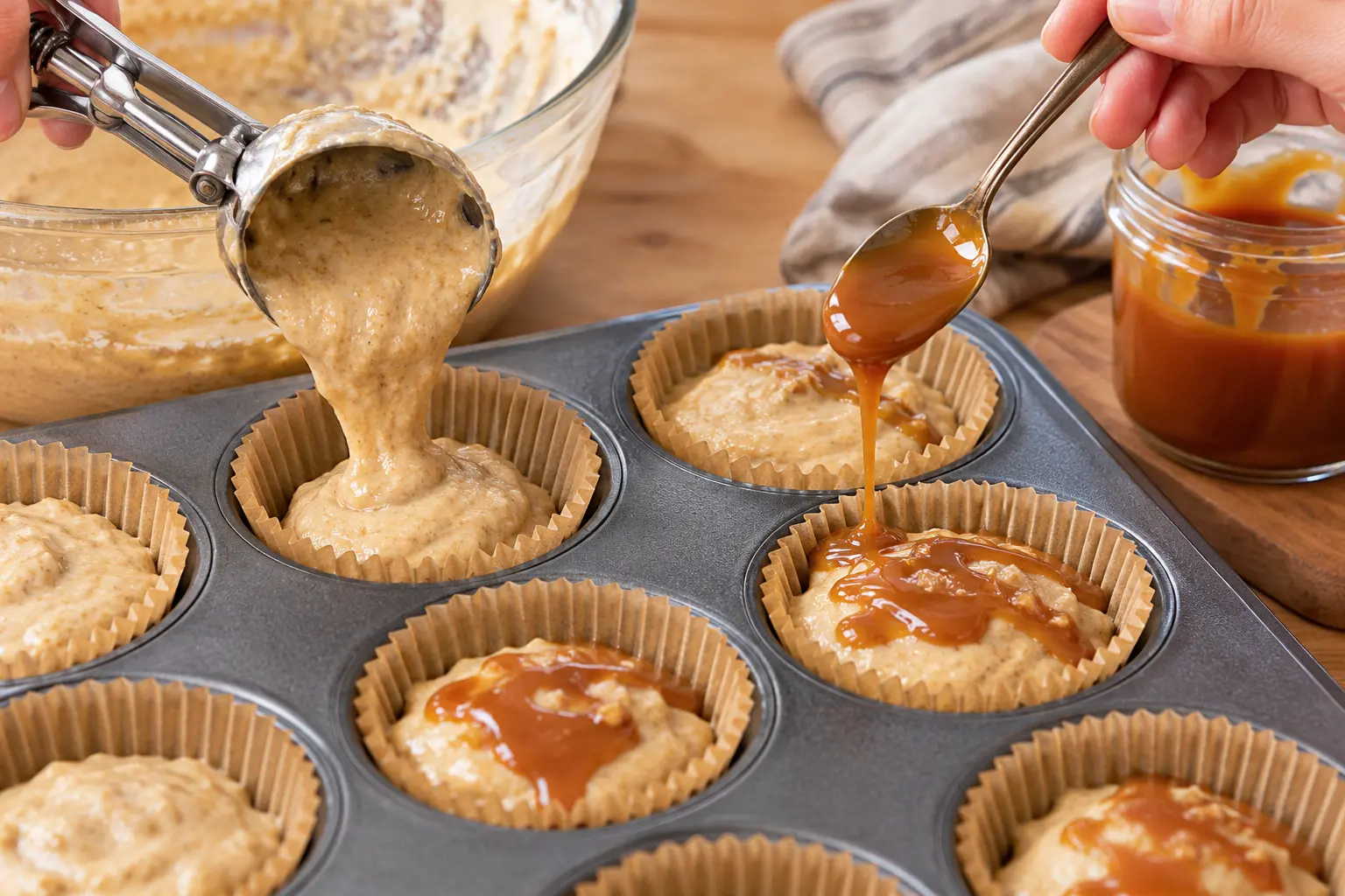 Pâte à muffins versée dans les caissettes avec un filet de sirop de caramel sur le dessus