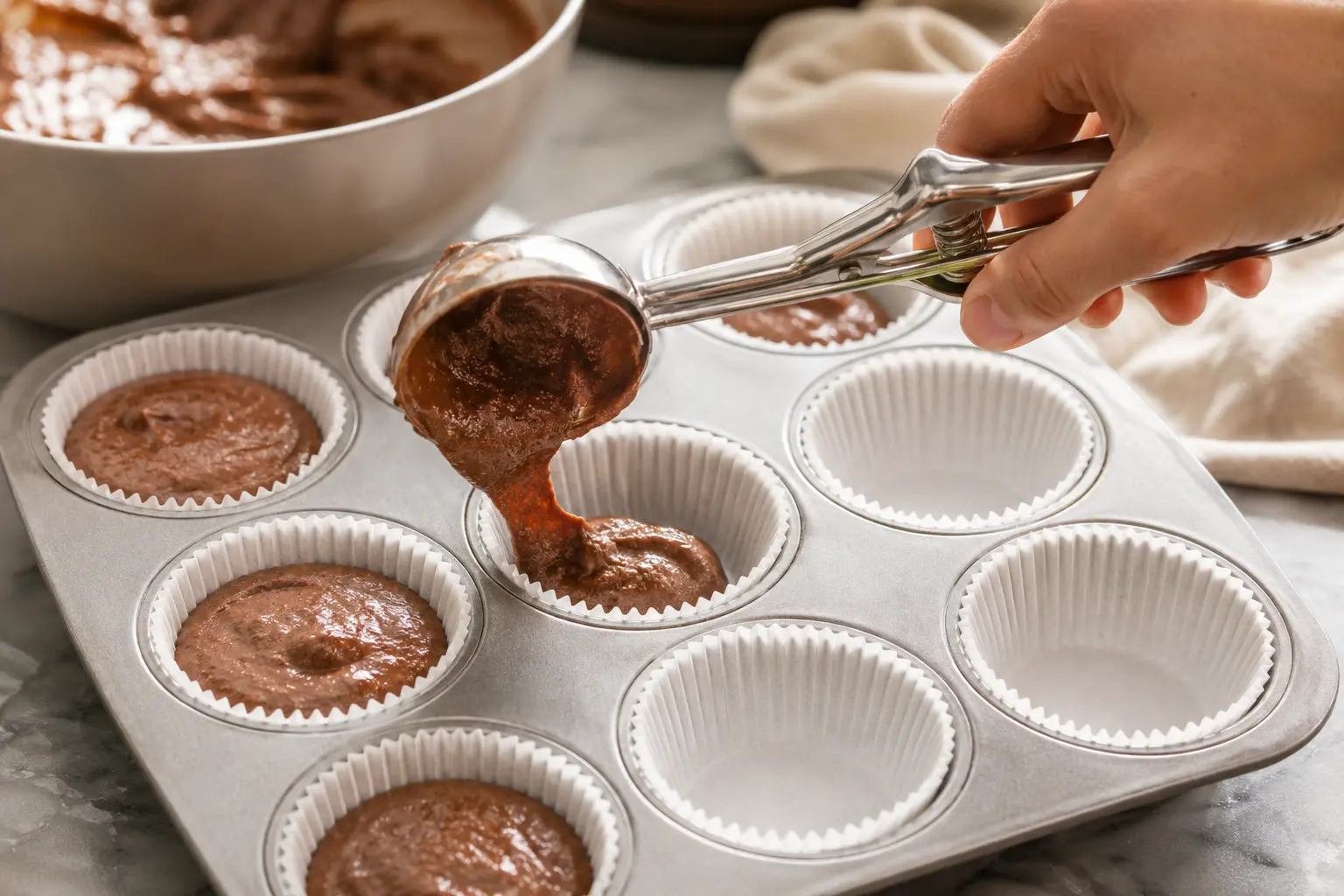 Pâte à muffins au chocolat versée dans des caissettes en papier dans un moule