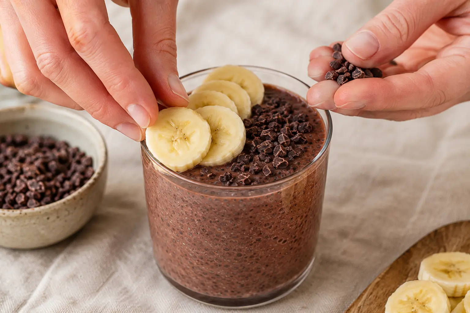 Mains disposant des rondelles de banane et des éclats de cacao sur le pudding chocolat