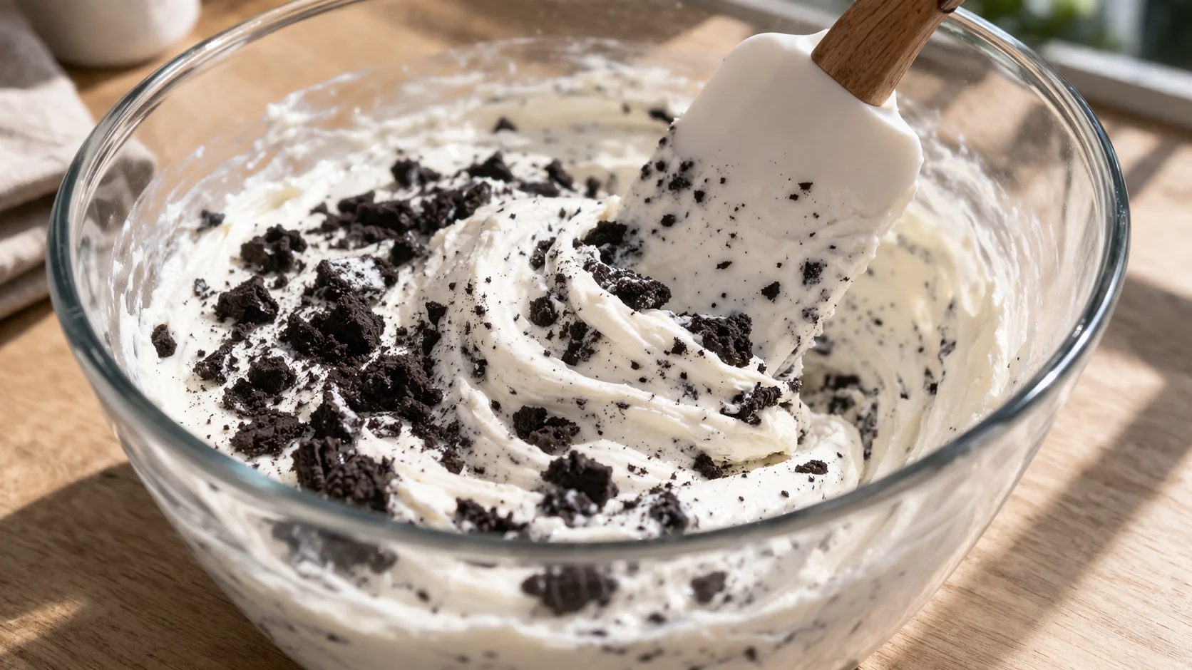 Spatule incorporant délicatement des éclats de biscuits chocolatés noirs dans la masse crémeuse blanche, contraste noir et blanc caractéristique cookies and cream bien visible dans le saladier
