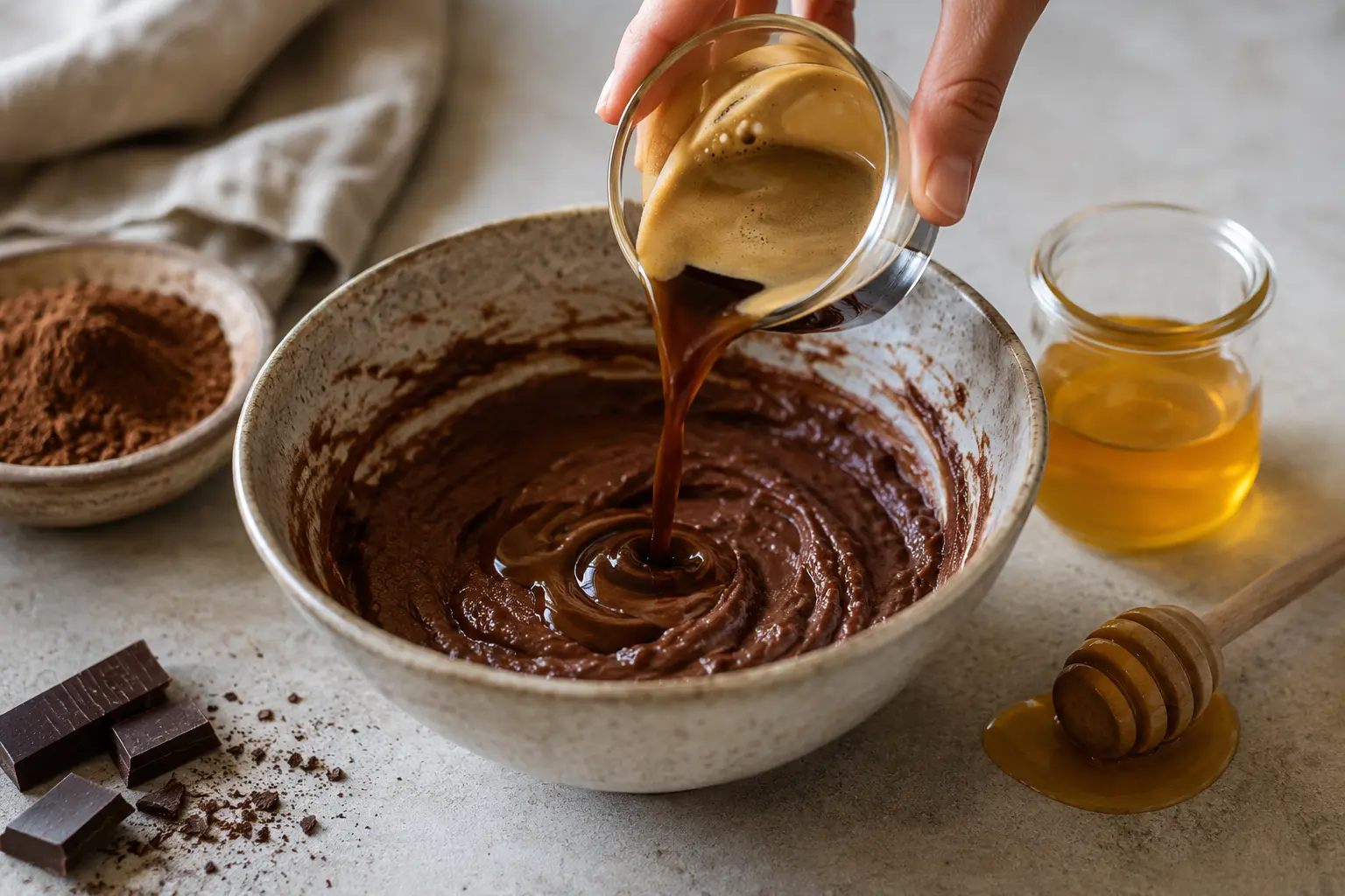 Espresso versé dans la préparation chocolatée, mélange en cours