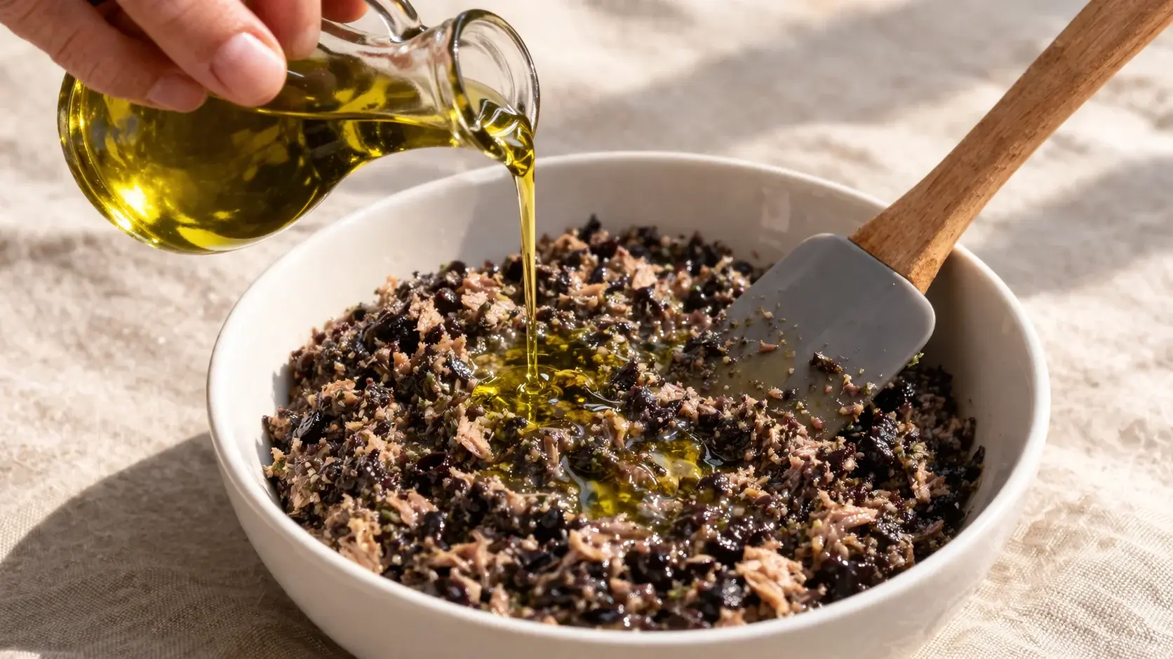 Filet d'huile d'olive extra vierge dorée versé sur la tapenade olives noires et thon dans un bol blanc, spatule mélangeant la préparation, plan de travail en bois clair