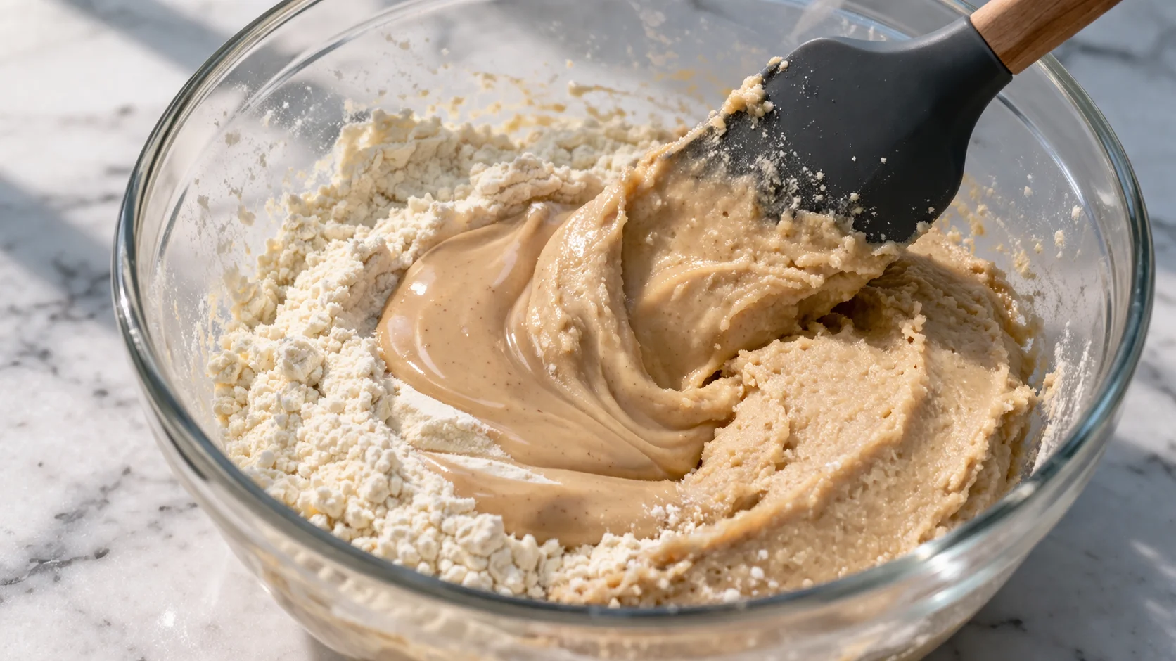 Spatule en silicone incorporant le beurre de cajou crémeux dans la pâte sèche à la whey, masse cookie dough beige et homogène en formation dans le saladier, plan de travail en marbre blanc