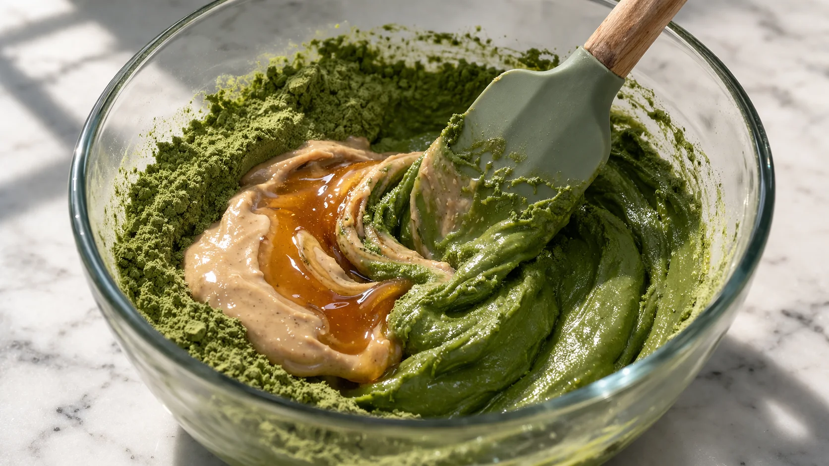 Spatule mélangeant le beurre de cajou et le miel dans la poudre matcha-whey, masse verte dense et homogène en cours de formation dans un saladier, plan de travail en marbre blanc
