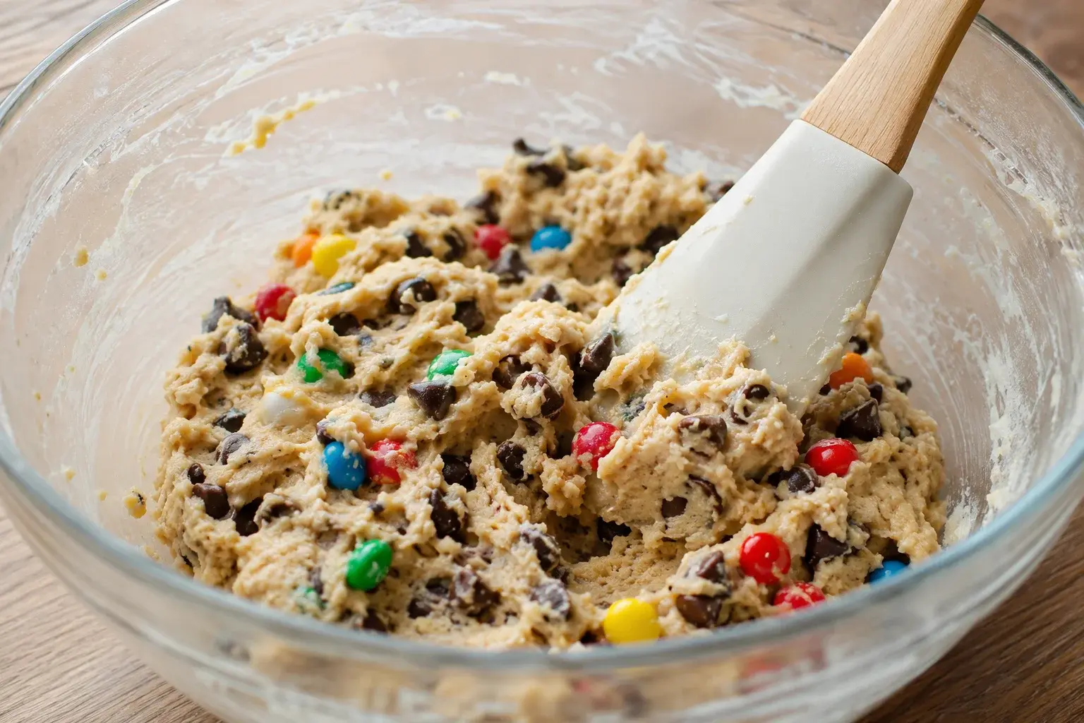 Spatule qui mélange une pâte à cookies beige clair avec M&M's colorés et pépites de chocolat noir visibles dans un grand saladier