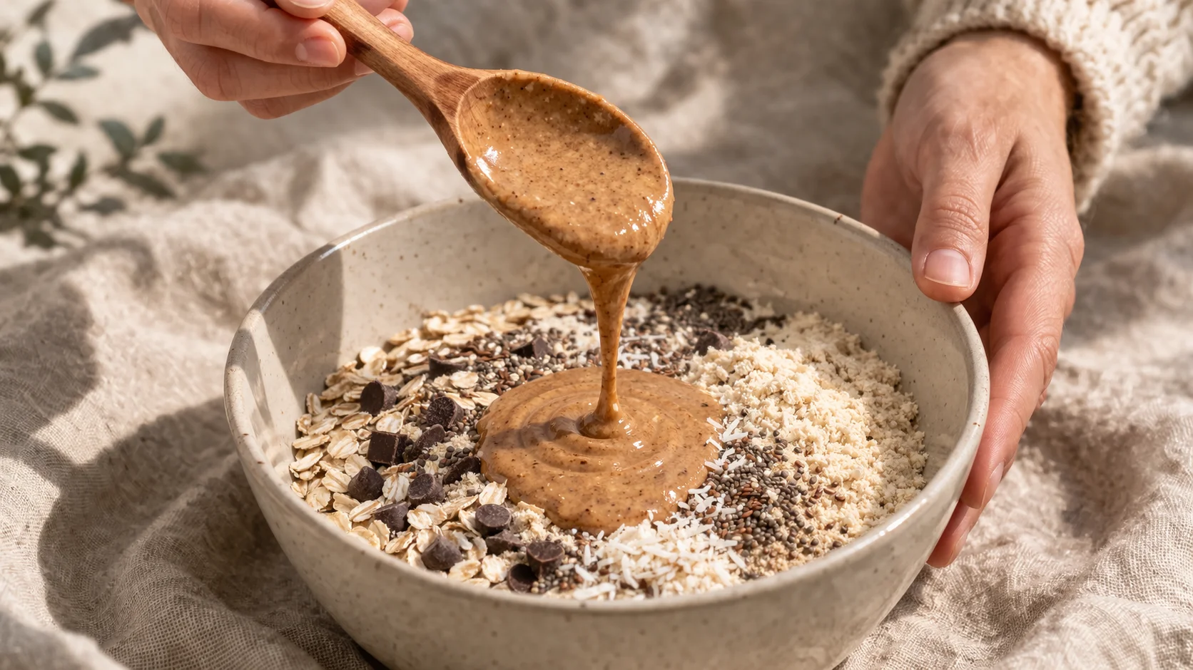 Ajout du beurre d'amandes et du miel dans la préparation, mélange en cours