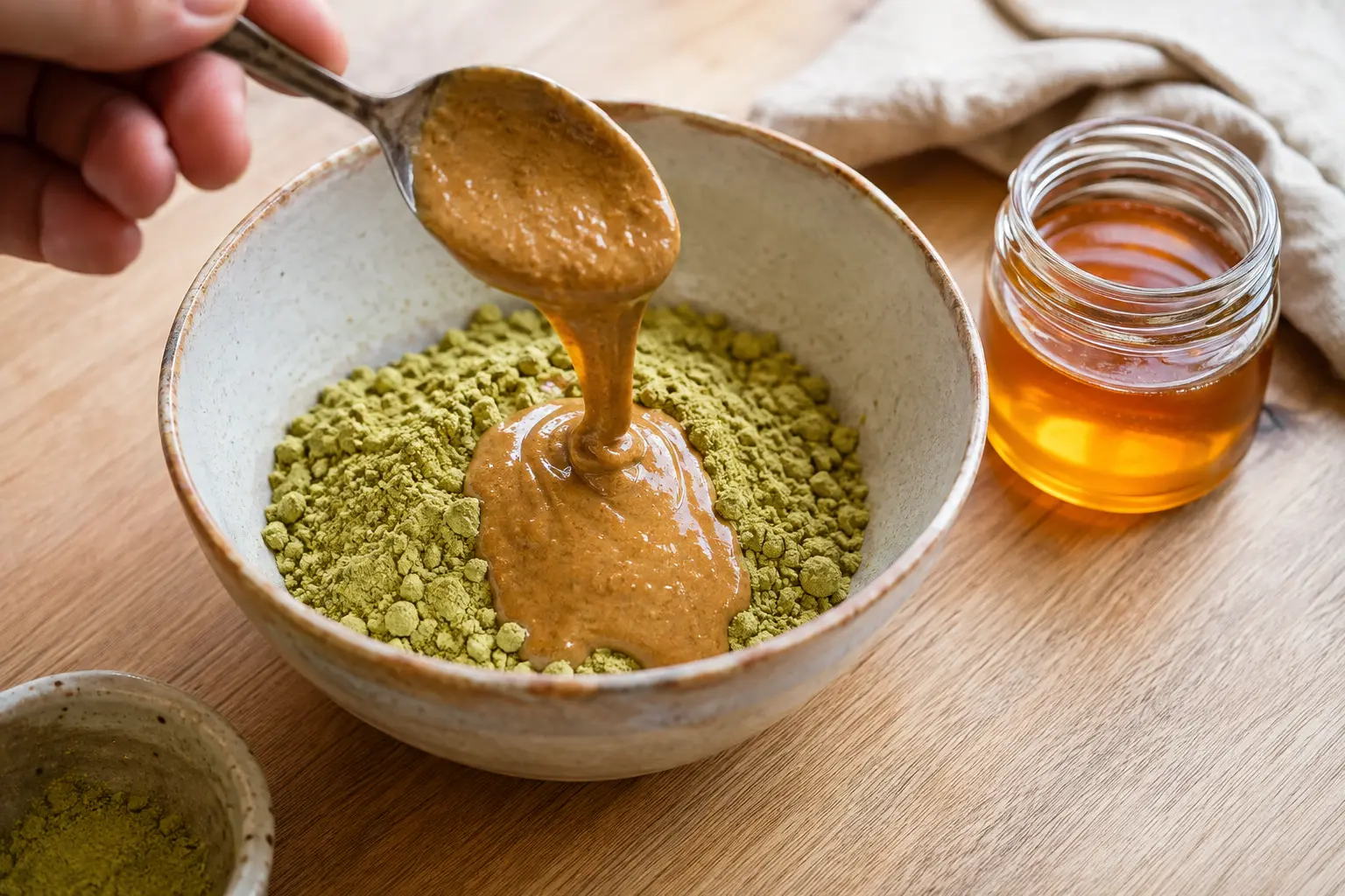 Main versant du beurre d'amande et du miel dans le bol de mélange sec au matcha