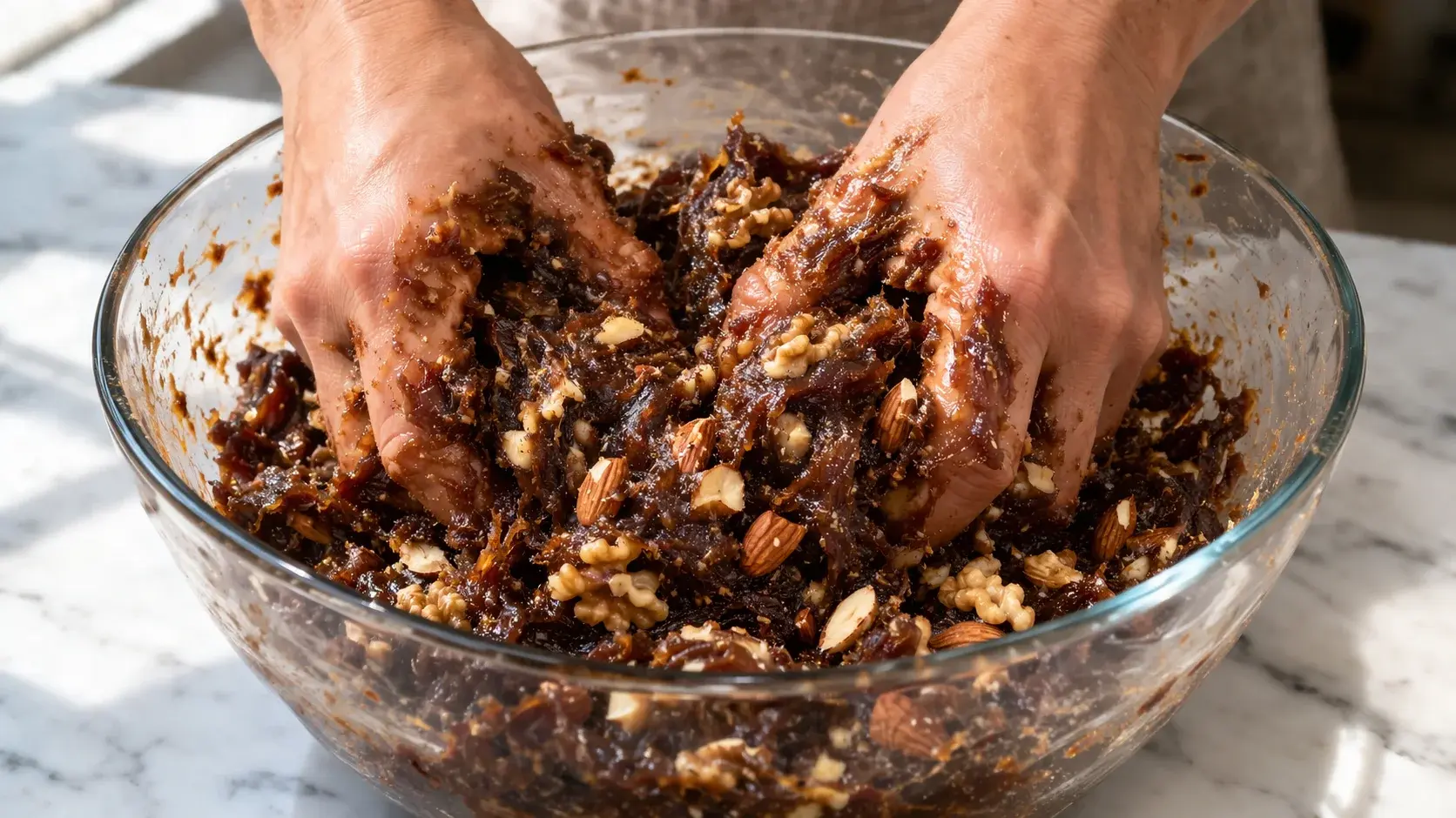 Deux mains malaxant la pâte de dattes brune dense avec des cerneaux de noix et des amandes dans un grand saladier en verre, texture collante et irrégulière visible