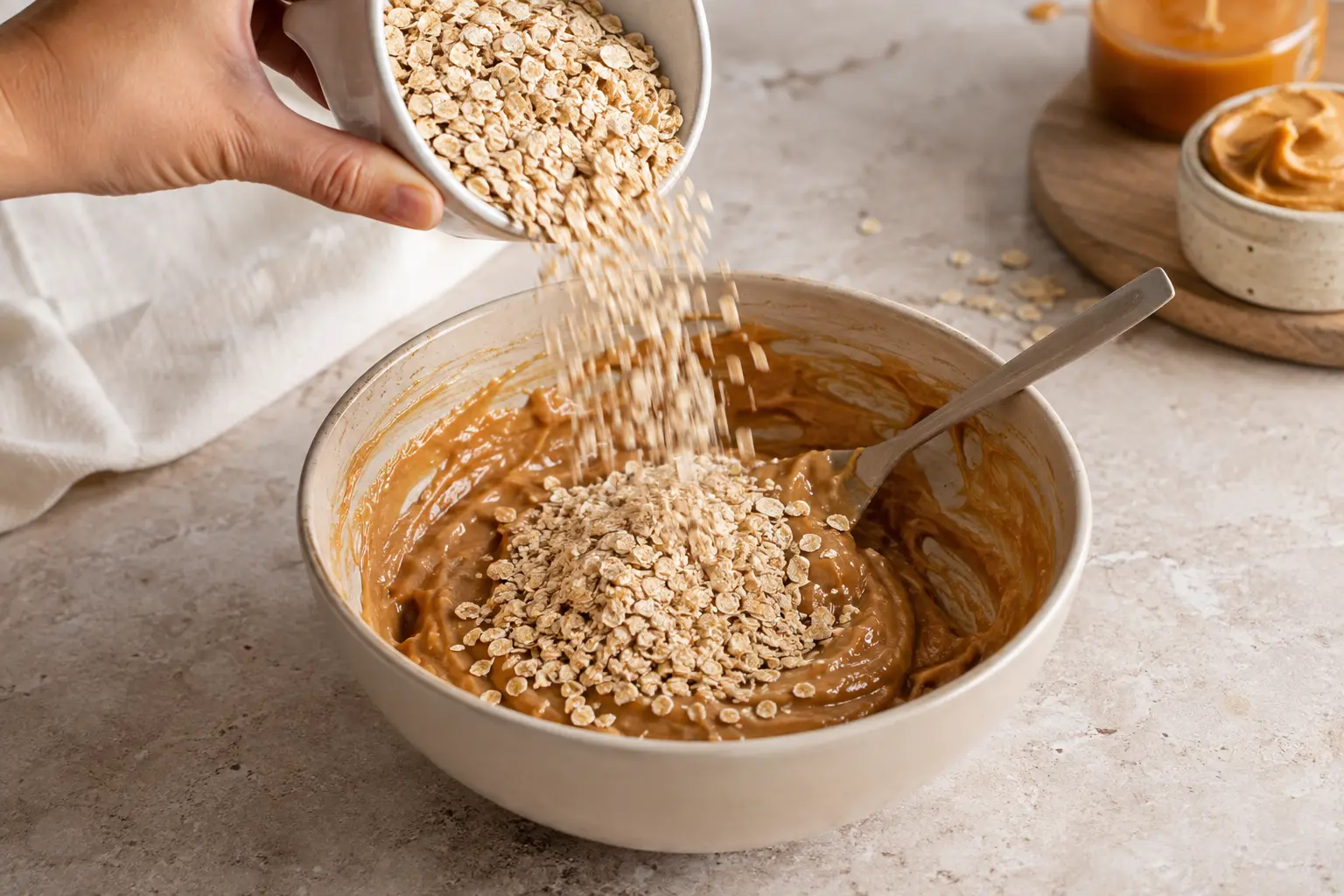 Incorporation de la farine d'avoine dans la pâte à protein balls cacahuète-caramel