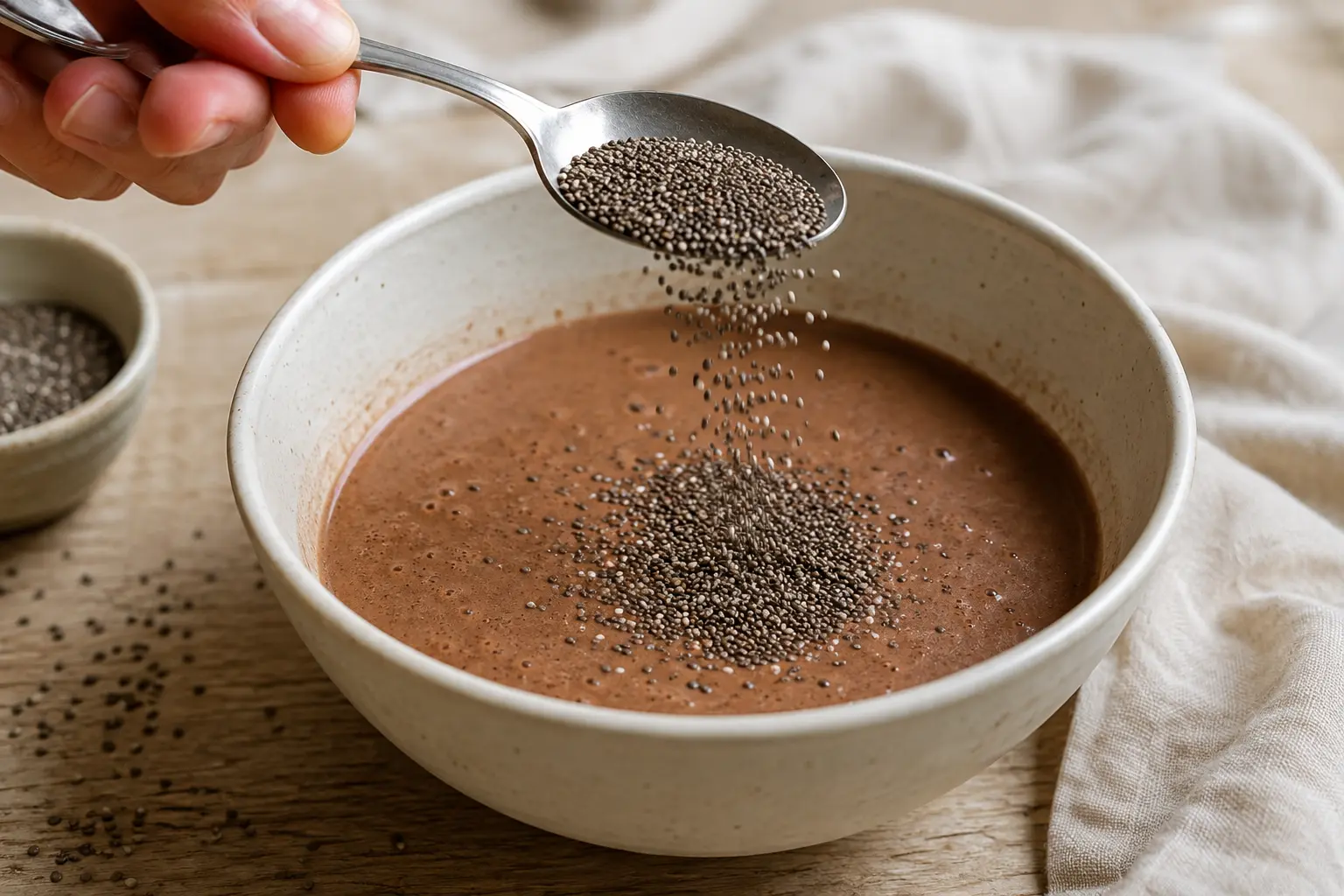 Main versant des graines de chia dans le mélange chocolaté avec une cuillère