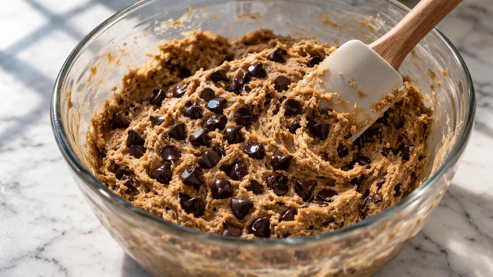 Spatule en silicone incorporant la farine d'avoine et les pépites de chocolat noir dans la pâte à cookies brune dans un saladier, pépites visibles sur le dessus