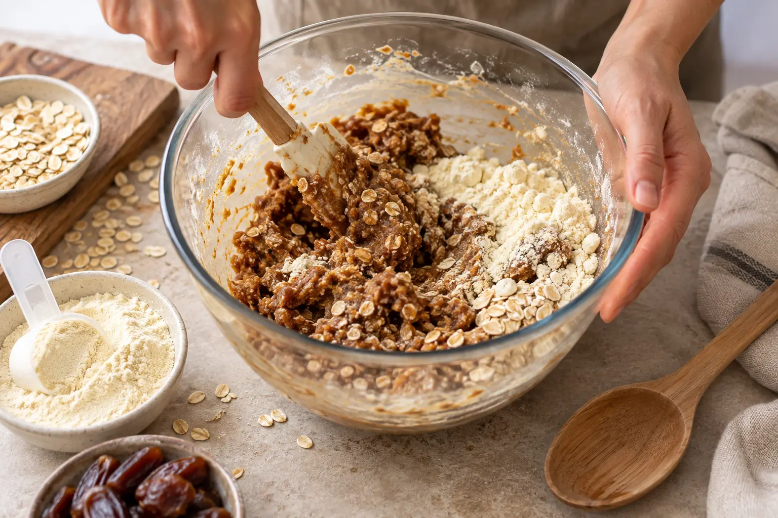 Mélange de la pâte d'energy balls avec la whey et les flocons d'avoine dans un saladier