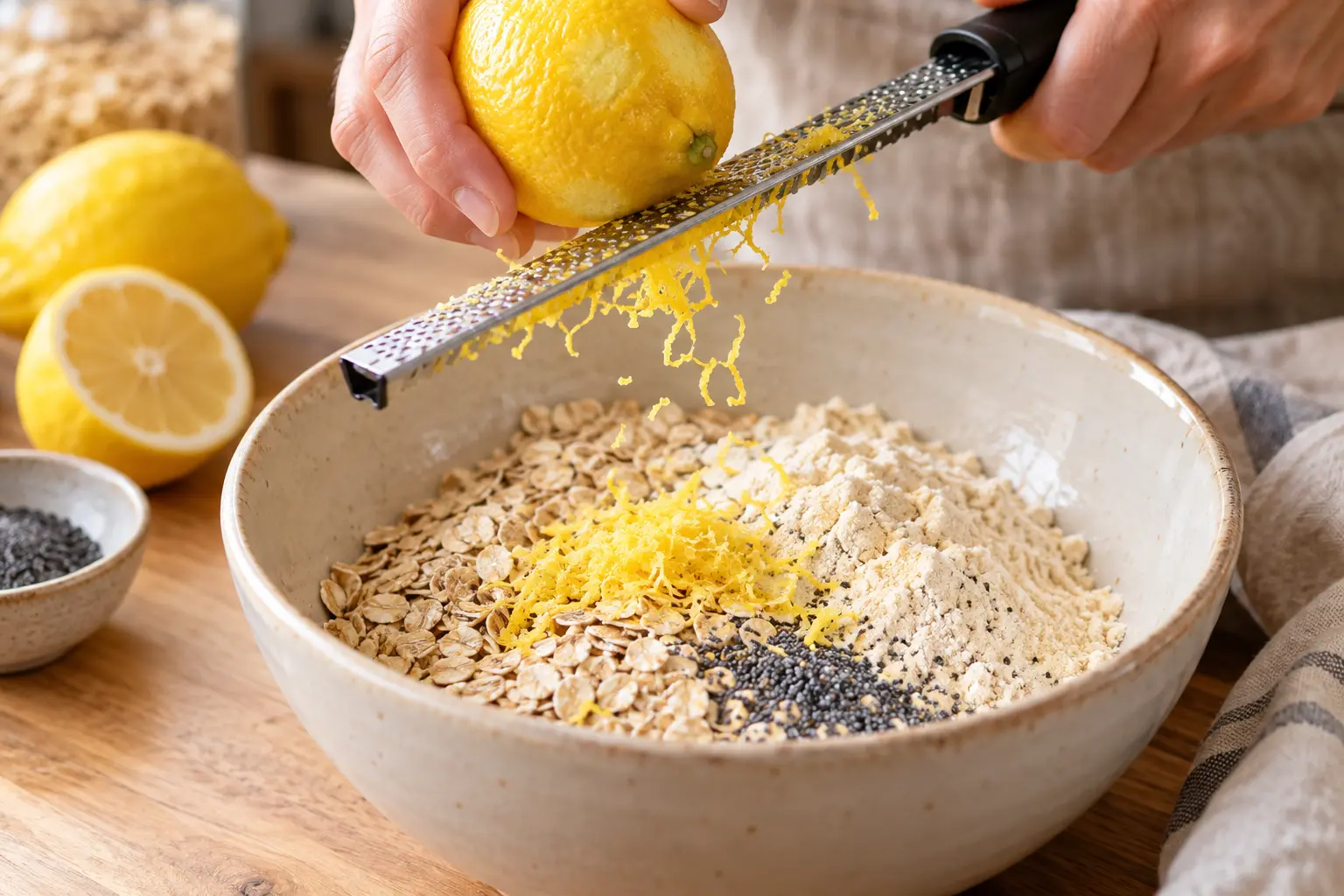 Main zestant un citron bio au-dessus du saladier contenant le mélange sec des protein balls