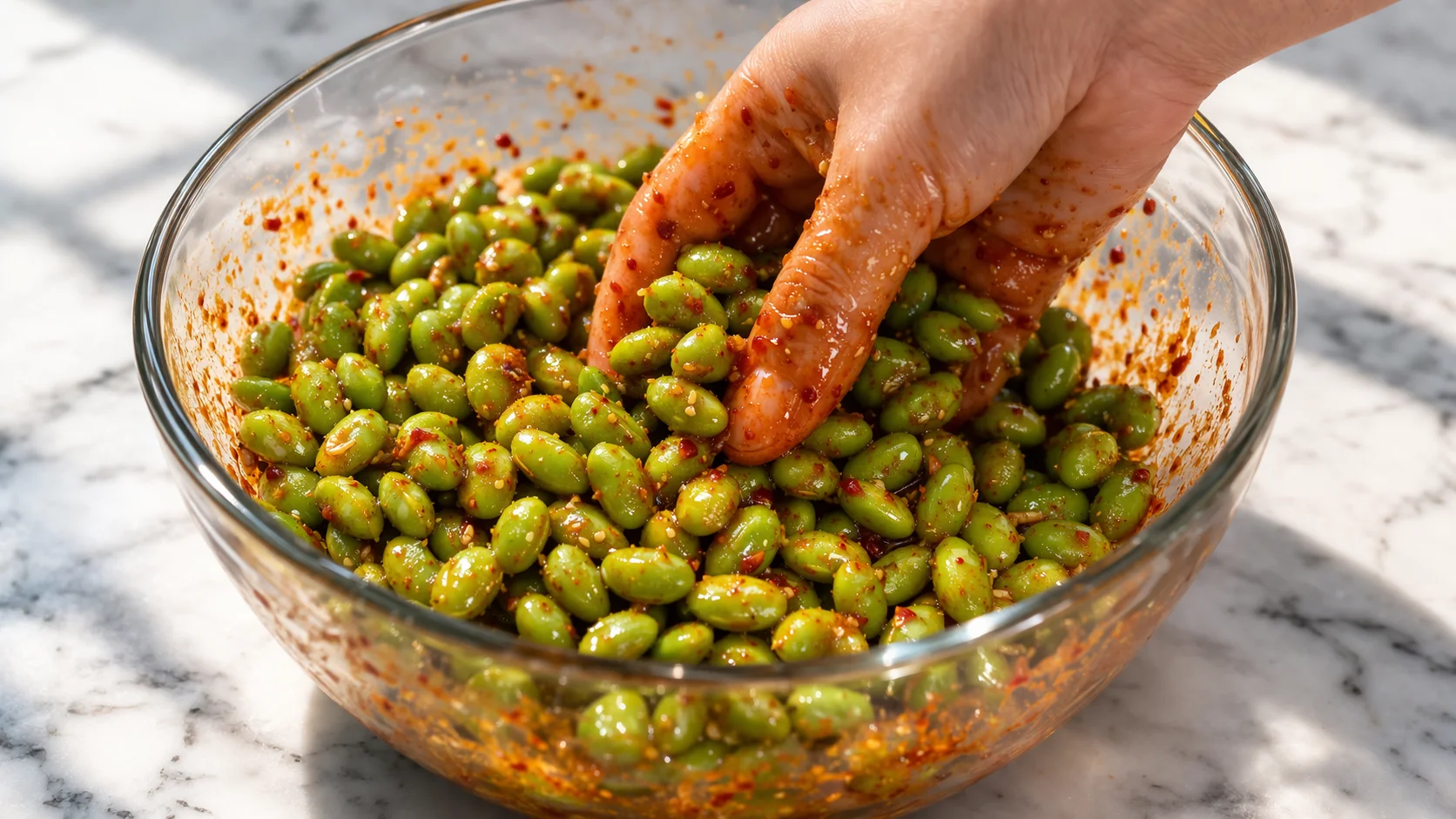 Main mélangeant les fèves d'edamame avec la marinade épicée dans un grand bol en verre, fèves brillantes et enrobées uniformément d'épices rouge-orangées