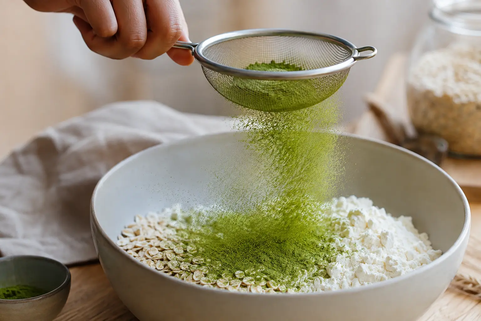Mélange de flocons d'avoine, protéine en poudre et matcha tamisé dans un grand bol