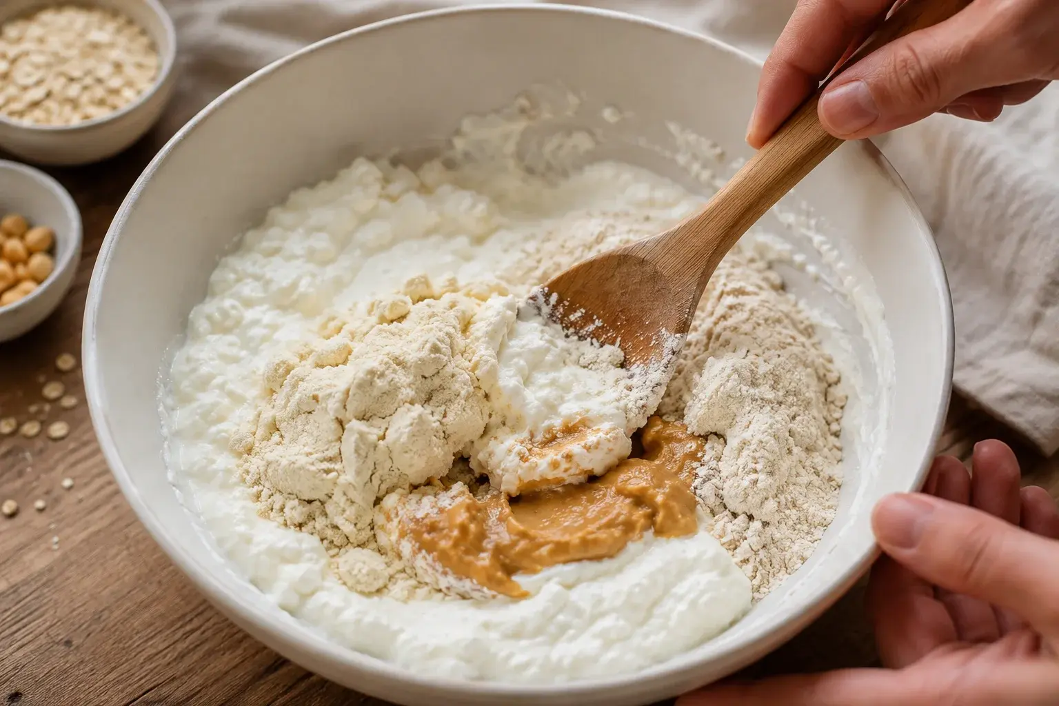 Mélange à la spatule des ingrédients secs dans la base de cottage cheese mixé