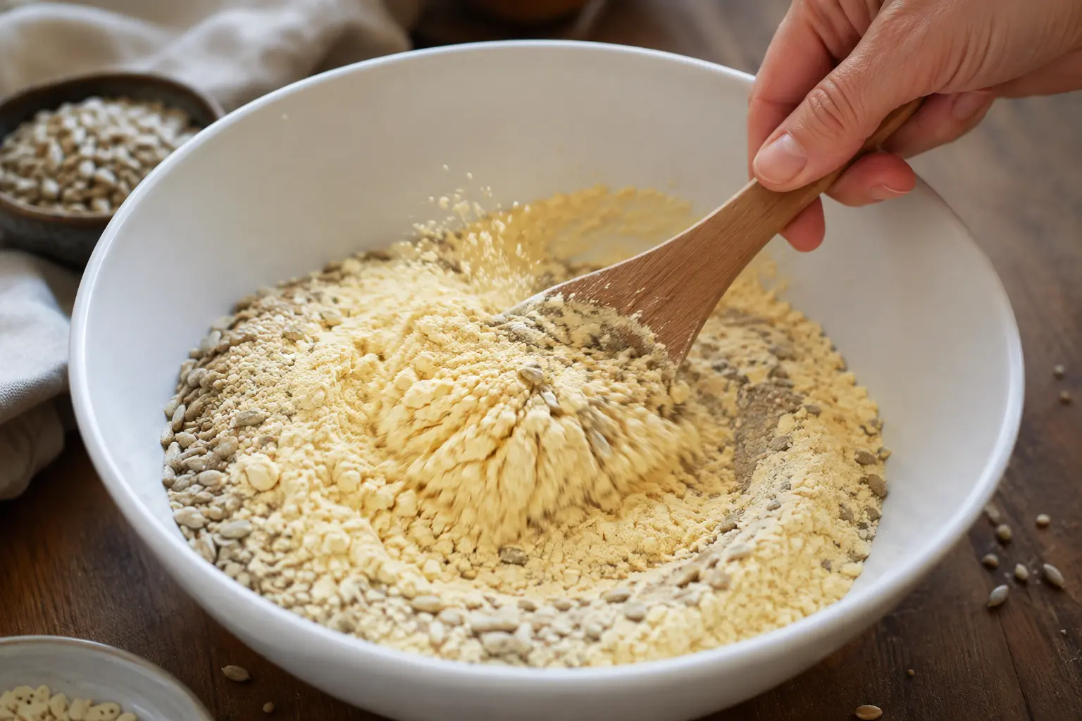 Mélange des farines et graines dans un saladier pour les crackers ail-persil