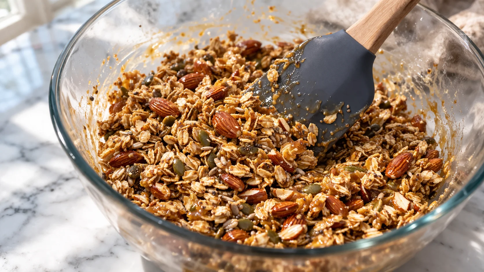 Spatule mélangeant les flocons d'avoine, amandes et graines avec le liant doré et brillant dans un grand saladier, masse granola homogène et collante en formation