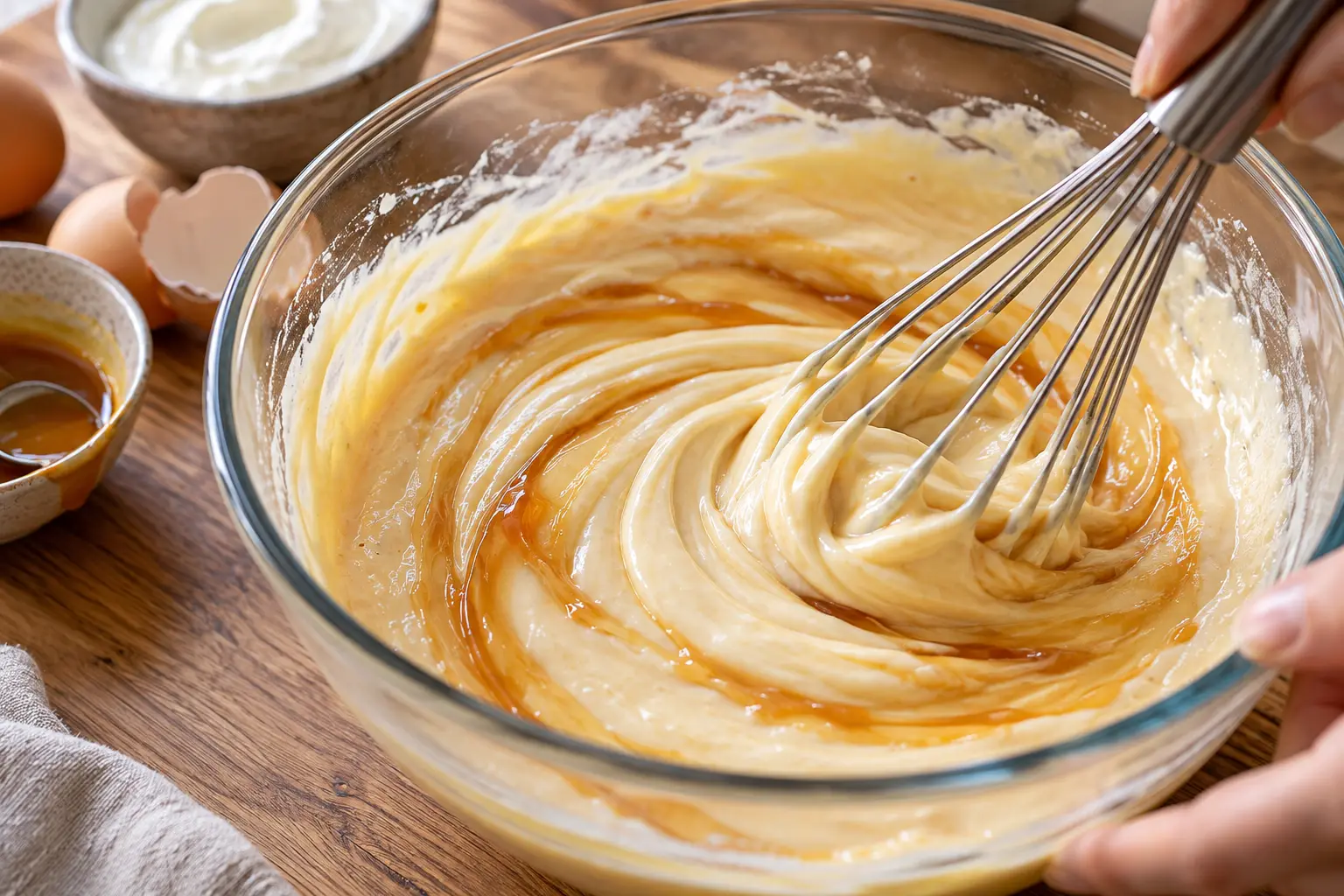 Fouet mélangeant les ingrédients humides avec le yaourt grec et le sirop de caramel