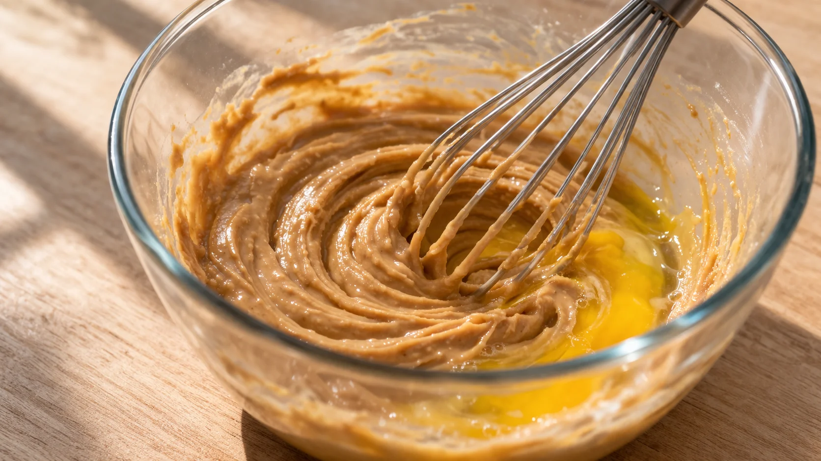 Fouet mélangeant le beurre de cacahuète crémeux et l'oeuf dans un saladier en verre, mélange brun et homogène en formation, plan de travail en bois clair