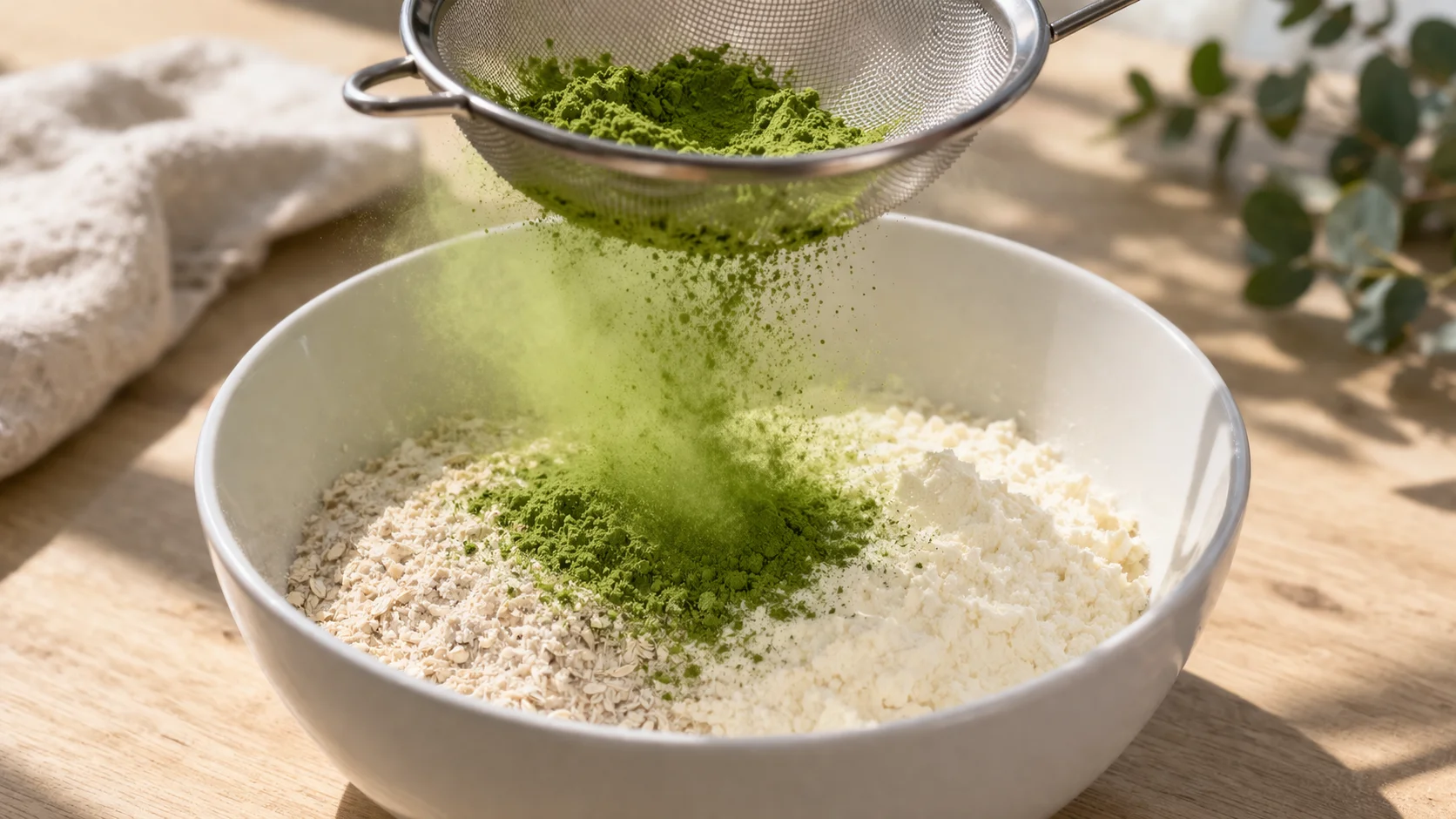 Tamis laissant passer la poudre de matcha vert vif dans un saladier blanc contenant la farine d'avoine et la whey, mélange vert et uniforme en formation, plan de travail en bois clair