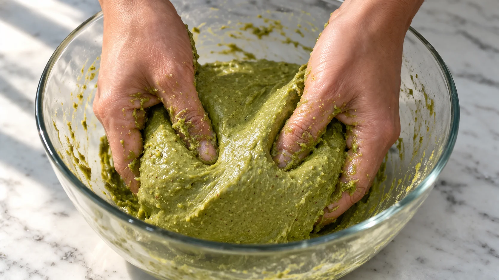Mains mélangeant la pâte pistache-whey-beurre d'amande dans un grand saladier en verre, pâte verte et dense en cours de formation, plan de travail en marbre blanc