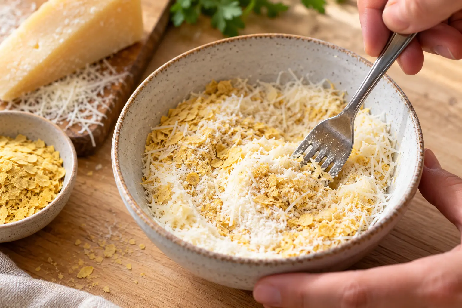 Mélange de whey, parmesan et levure nutritionnelle dans un petit bol