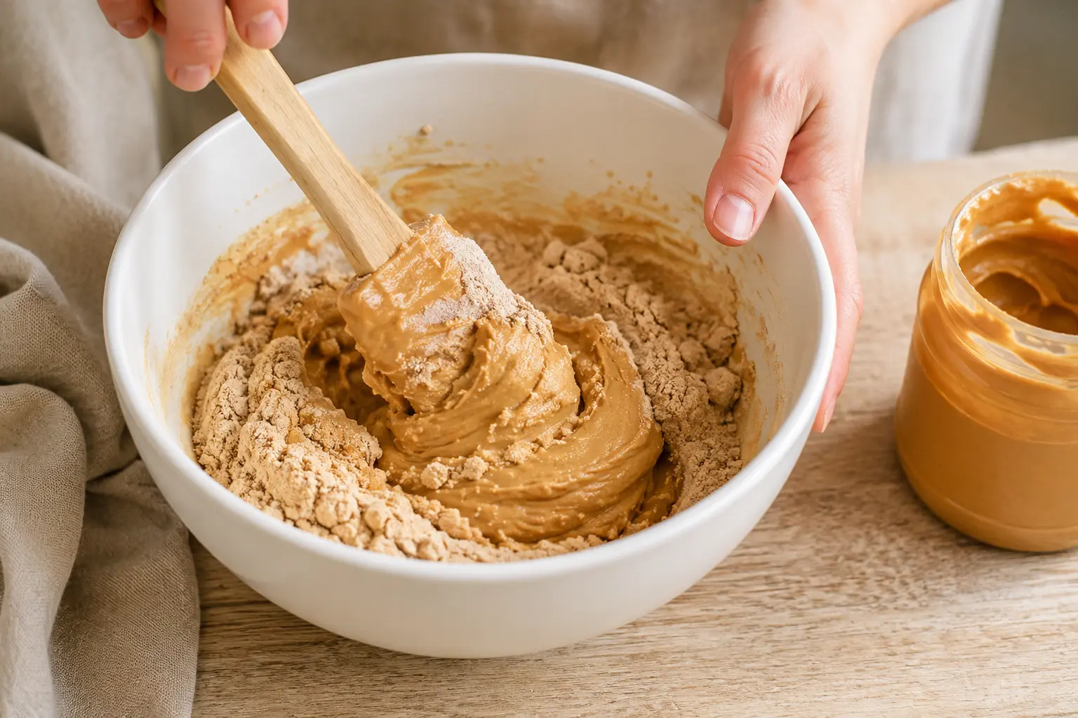 Mélange du beurre de cacahuète et de la whey caramel dans un bol