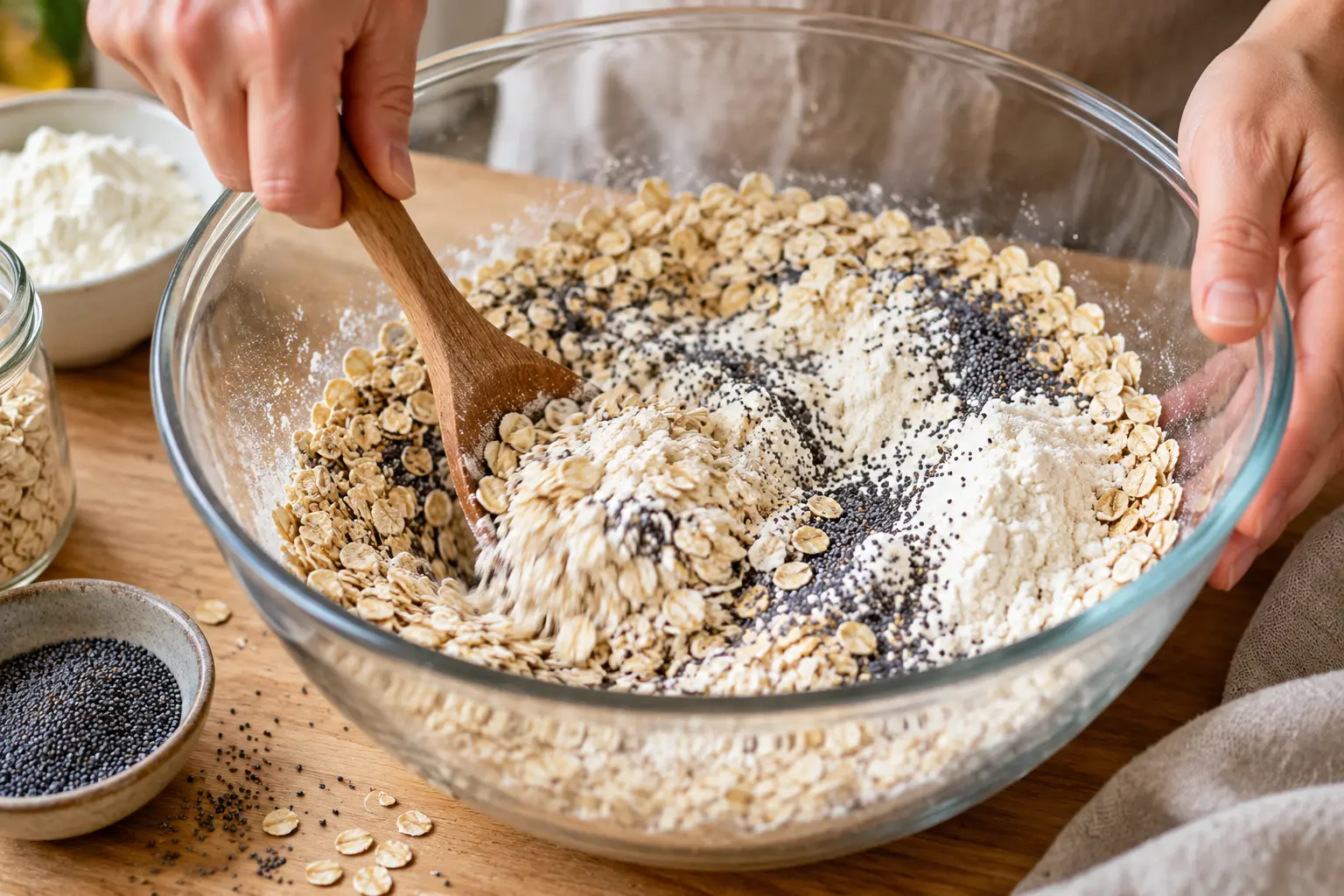 Saladier contenant les flocons d'avoine, la whey, la poudre d'amandes et les graines de pavot mélangés