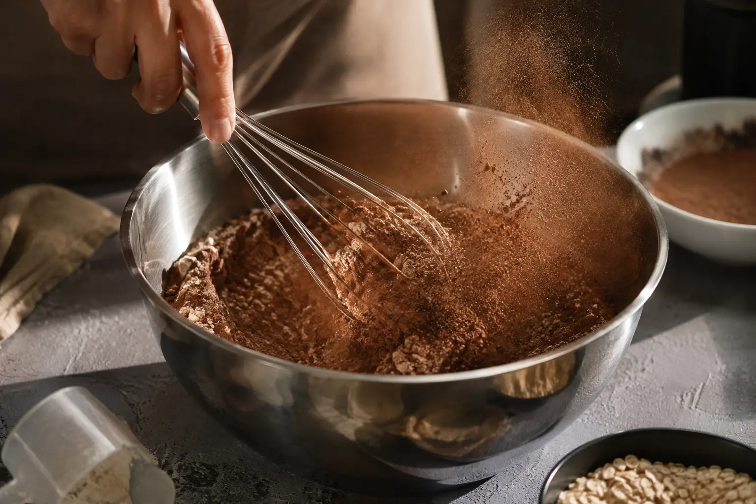 Mélange des ingrédients secs dans un saladier pour les barres brownie protéiné