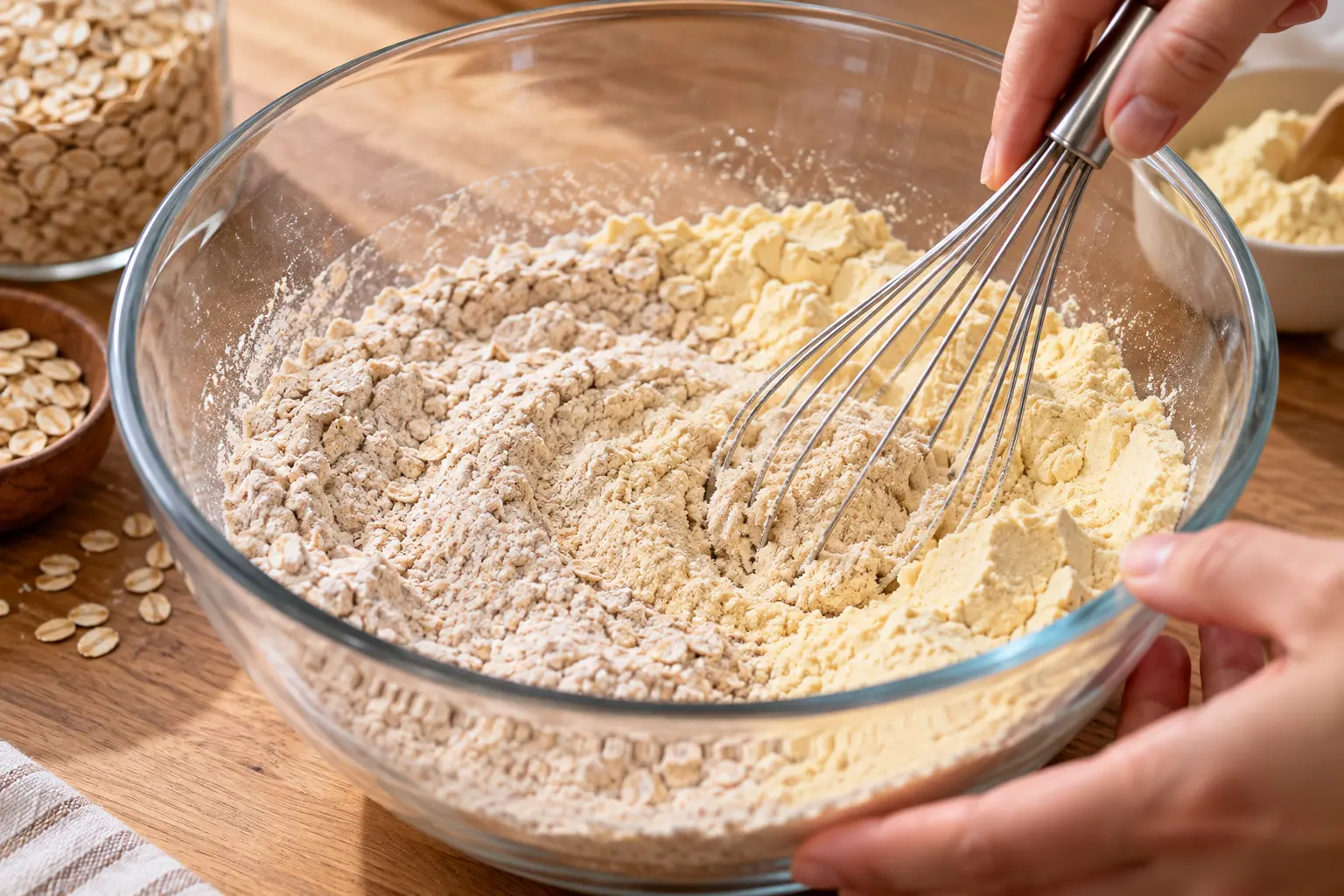 Mélange des ingrédients secs dans un saladier pour les muffins caramel protéinés