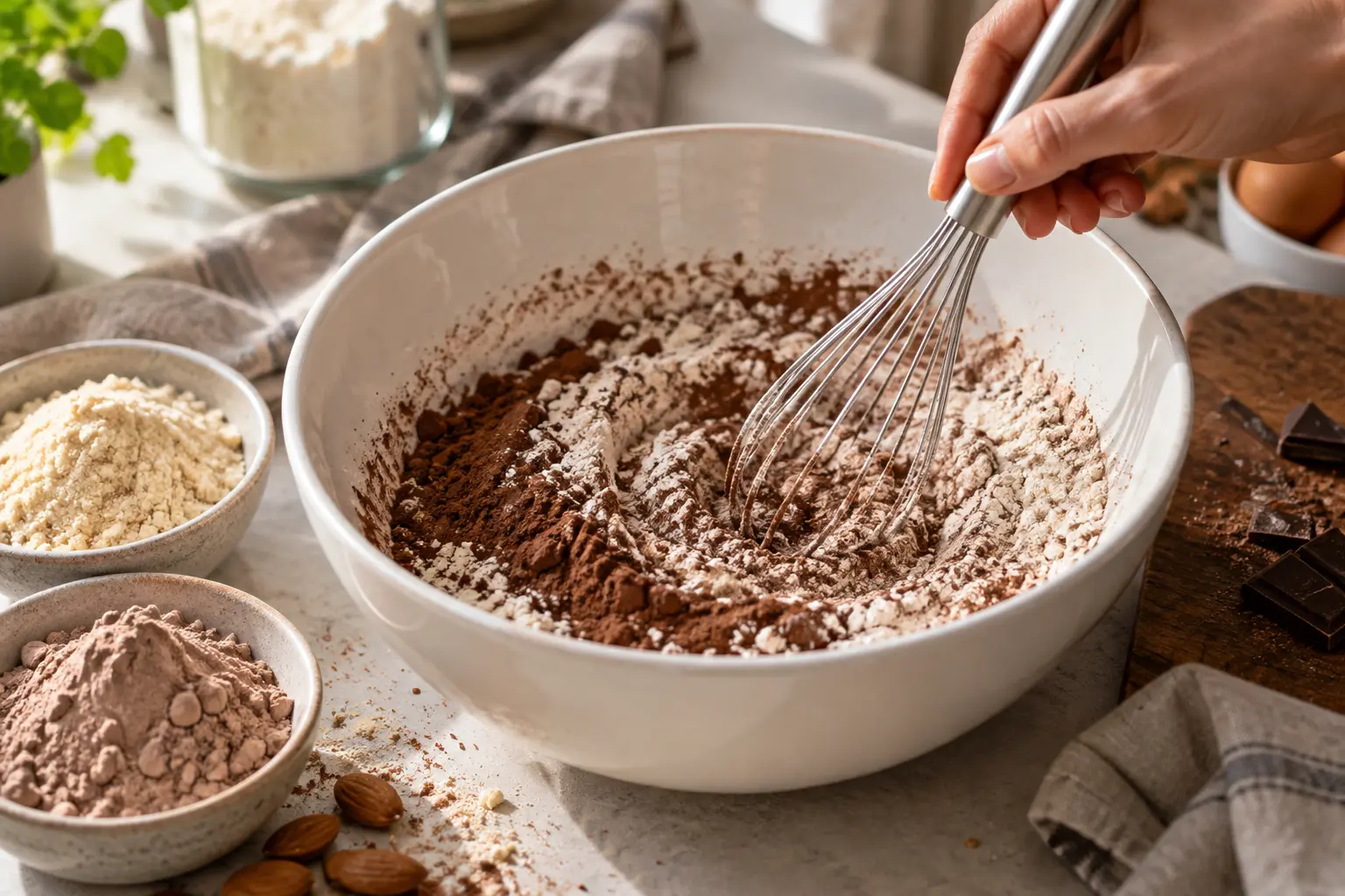 Mélange des ingrédients secs dans un bol pour les muffins chocolat-noisette