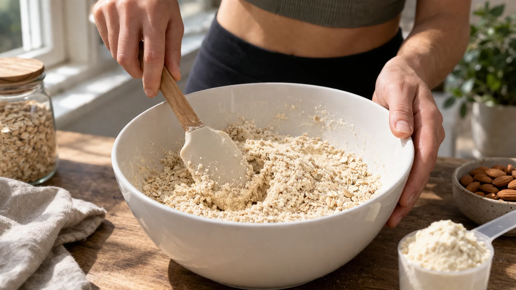 Mélange de whey, poudre d'amandes et flocons d'avoine dans un saladier