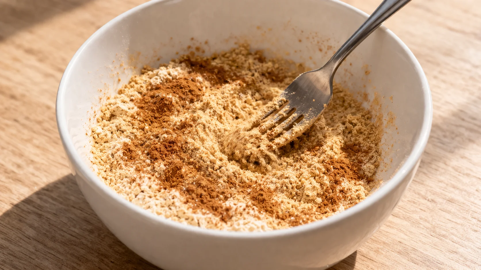 Fourchette mélangeant la farine d'avoine, la whey et toutes les épices spéculoos dans un saladier blanc, poudre dorée et parfumée avec cannelle visible, plan de travail en bois clair