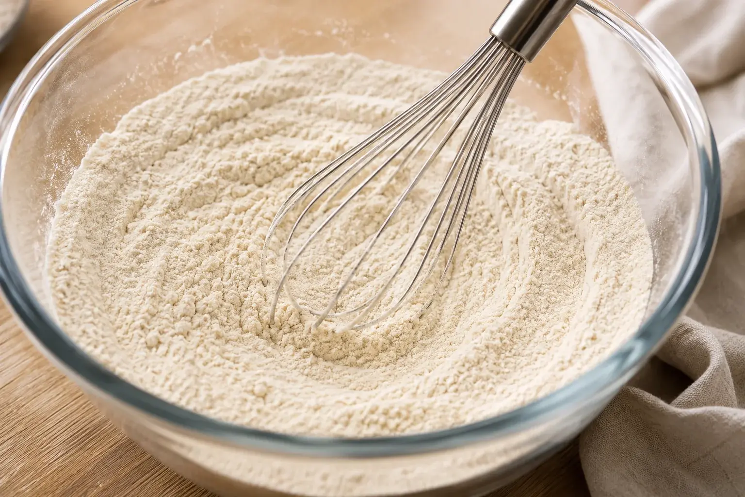 Fouet en métal en train de mélanger une poudre beige clair homogène dans un grand saladier en verre, mélange de farines et whey