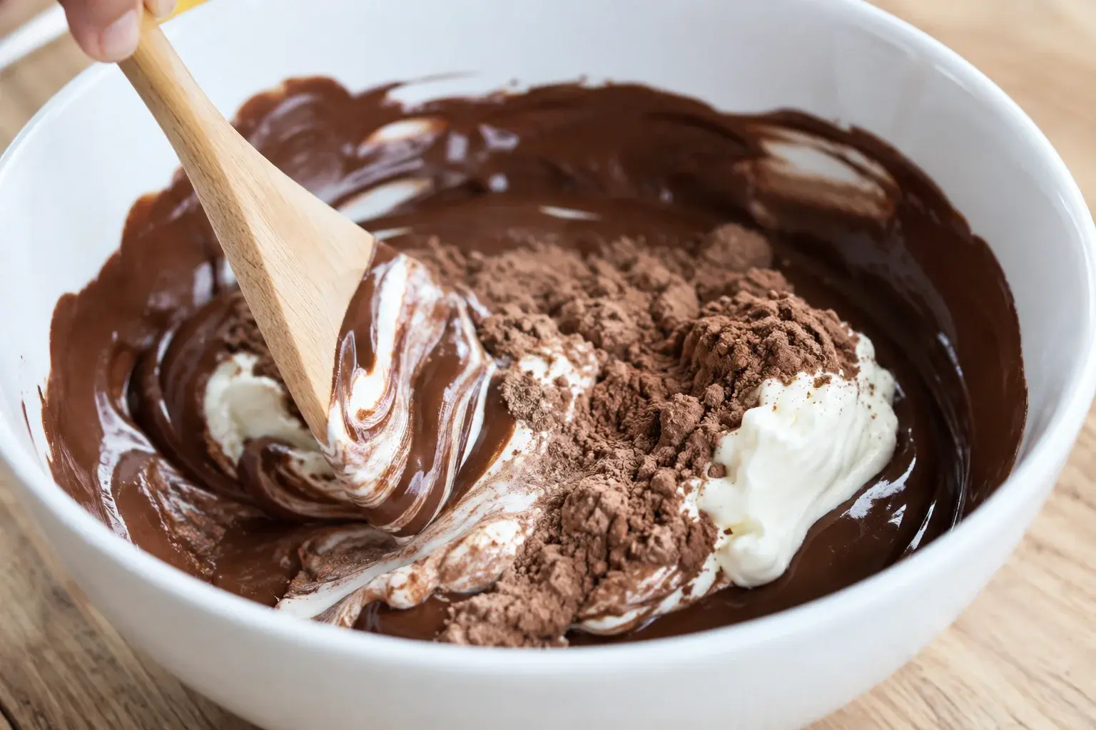 Spatule mélangeant la whey et le fromage blanc dans le chocolat fondu