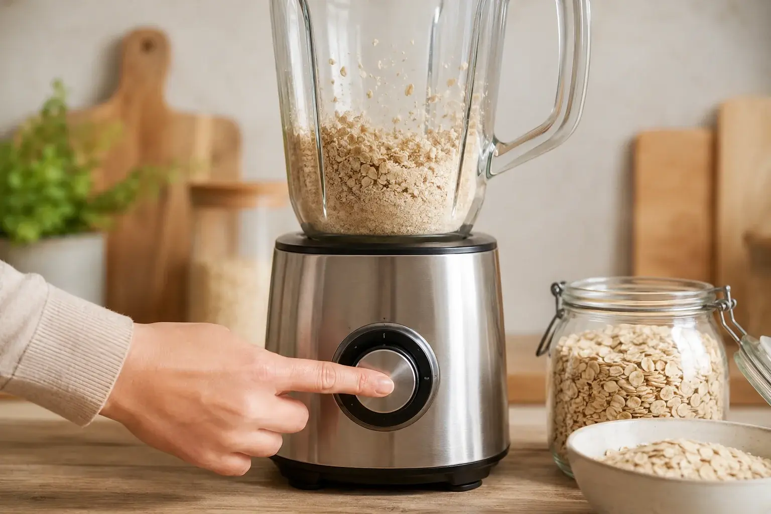 Flocons d'avoine en train d'être mixés dans un blender