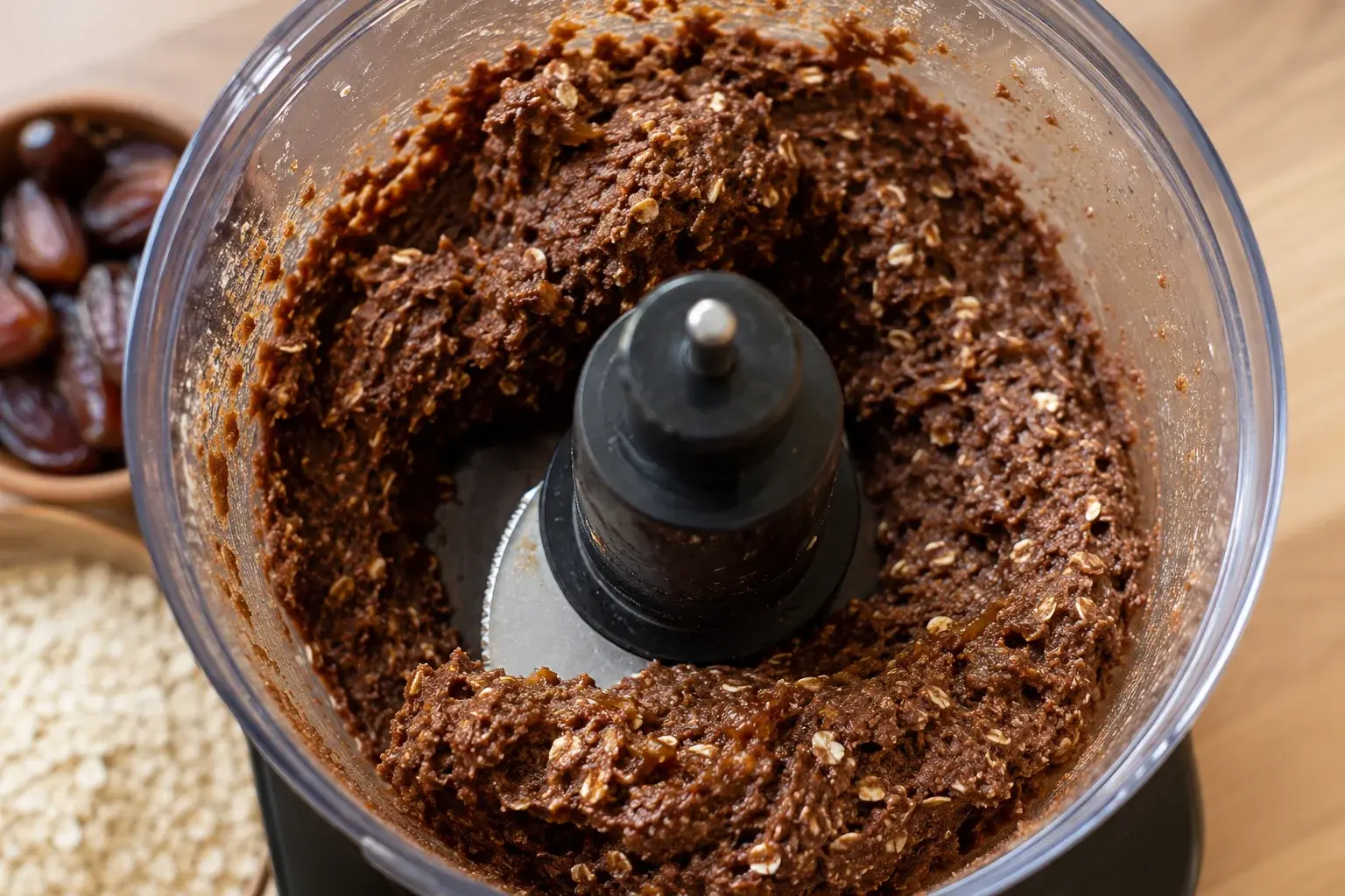 Bol de robot contenant une pâte brune chocolat épaisse en formation autour de la lame, dattes et avoine en train d'être mixées