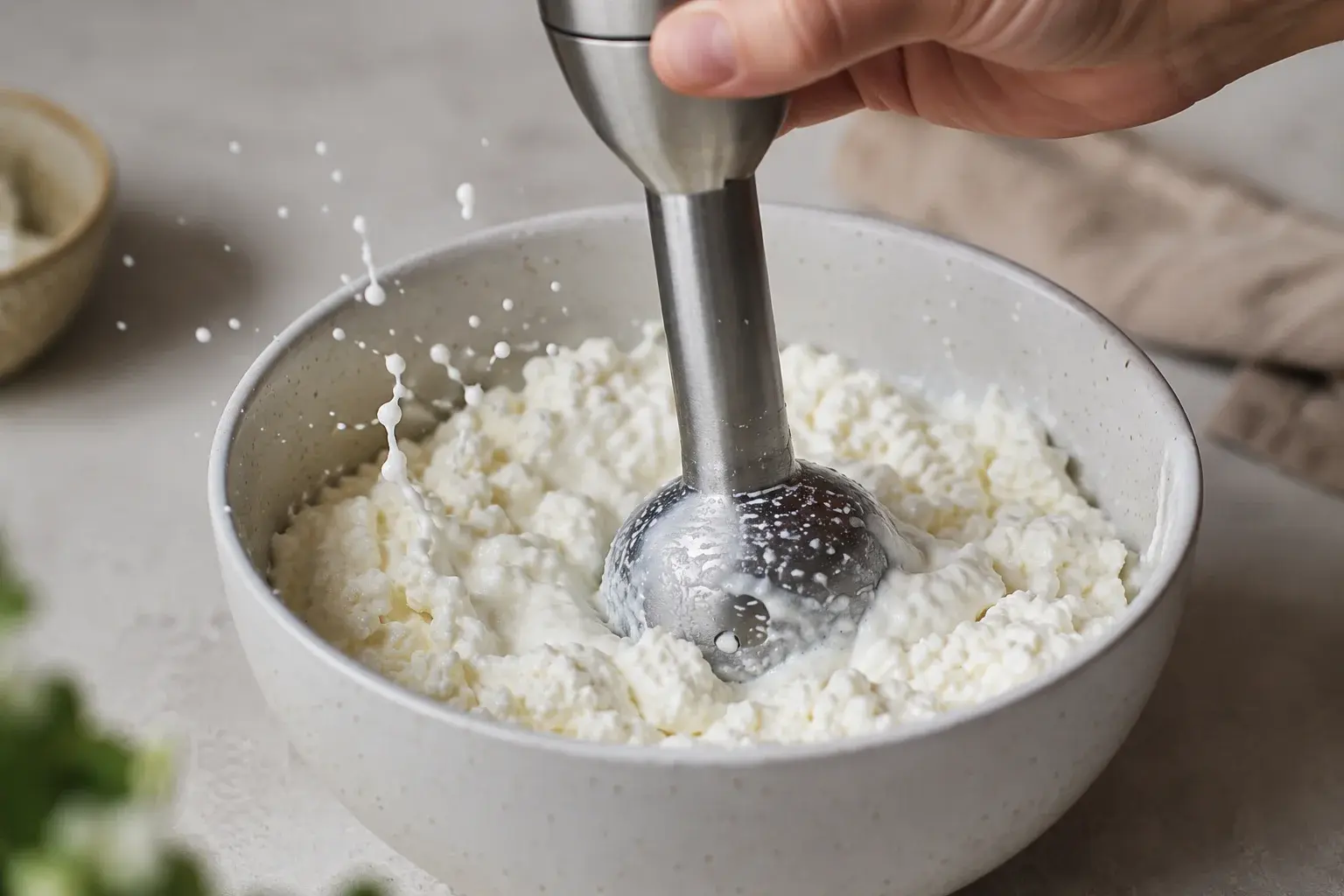 Cottage cheese en train d'être mixé au blender jusqu'à consistance lisse