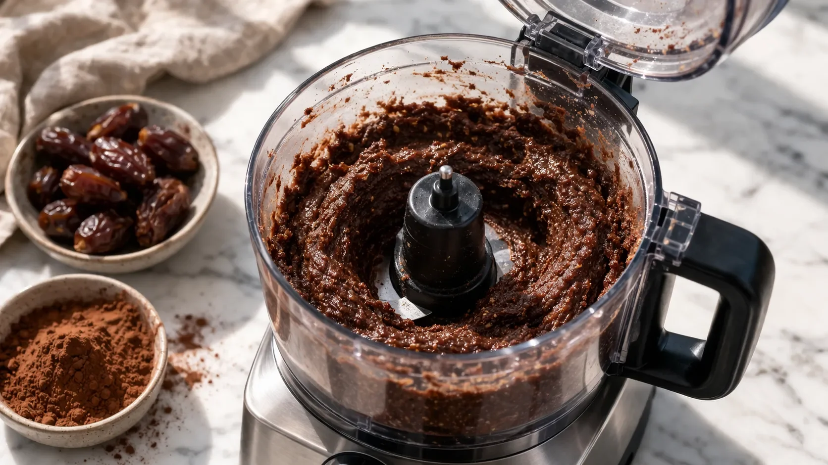 Pâte de dattes, cacao et protéine en poudre en train d'être mixée dans un robot culinaire