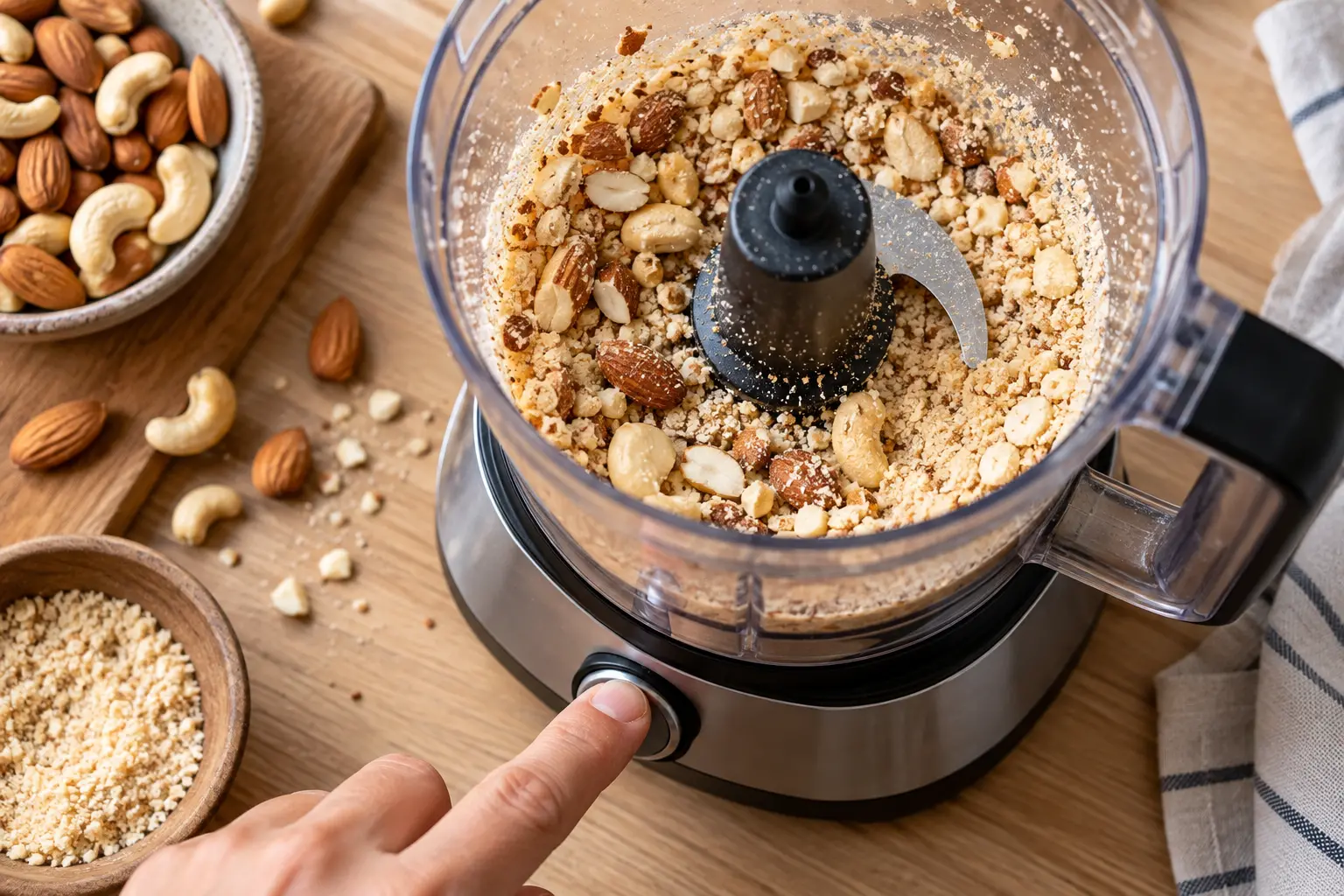 Amandes et noix de cajou en train d'être mixées dans un blender