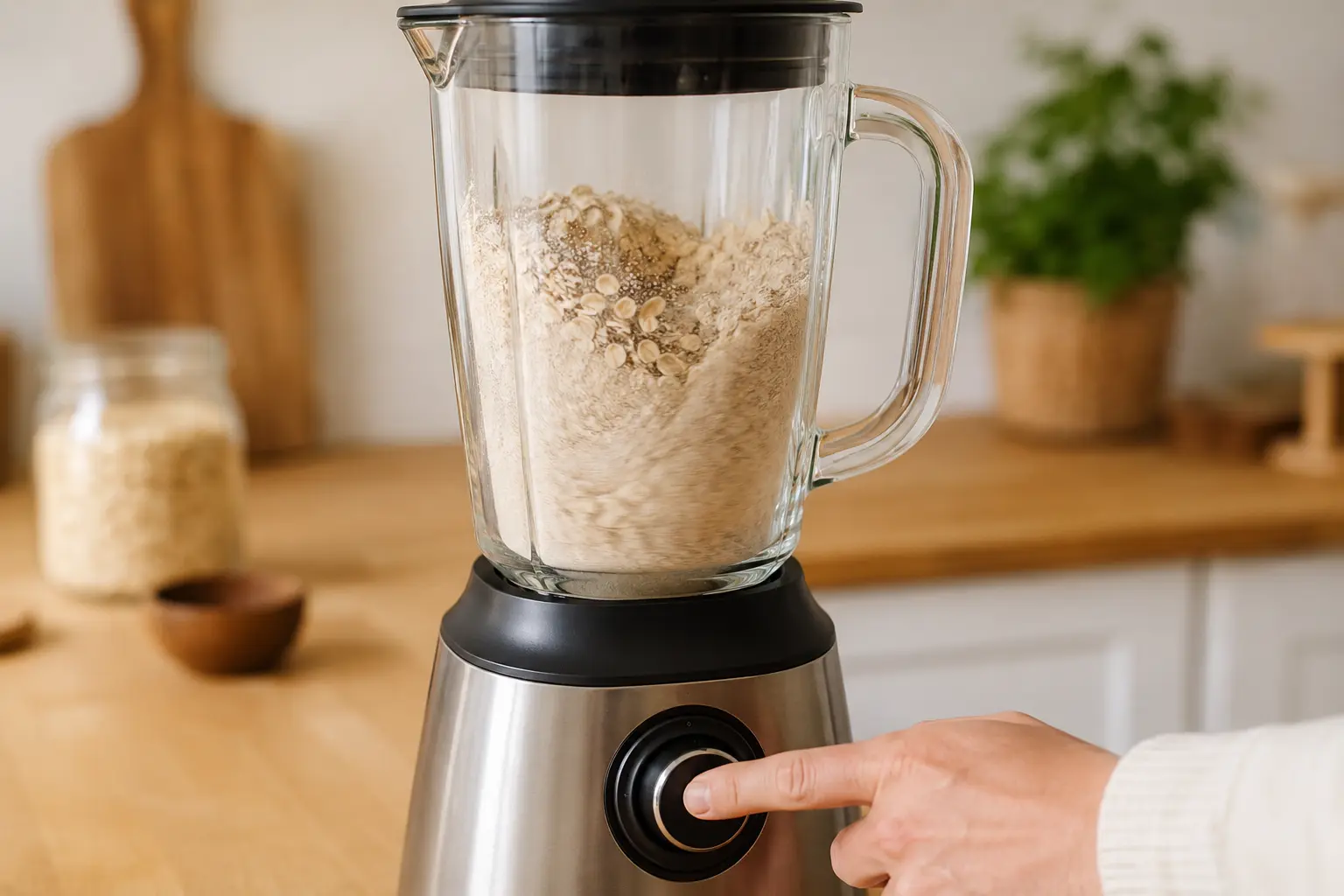 Flocons d'avoine en cours de mixage dans un blender pour protein balls