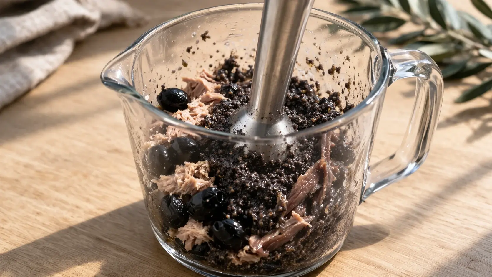 Mixeur contenant olives noires, thon et anchois en cours de mixage par impulsions, texture grumeleuse et noire en formation visible à travers le bol, plan de travail en bois clair