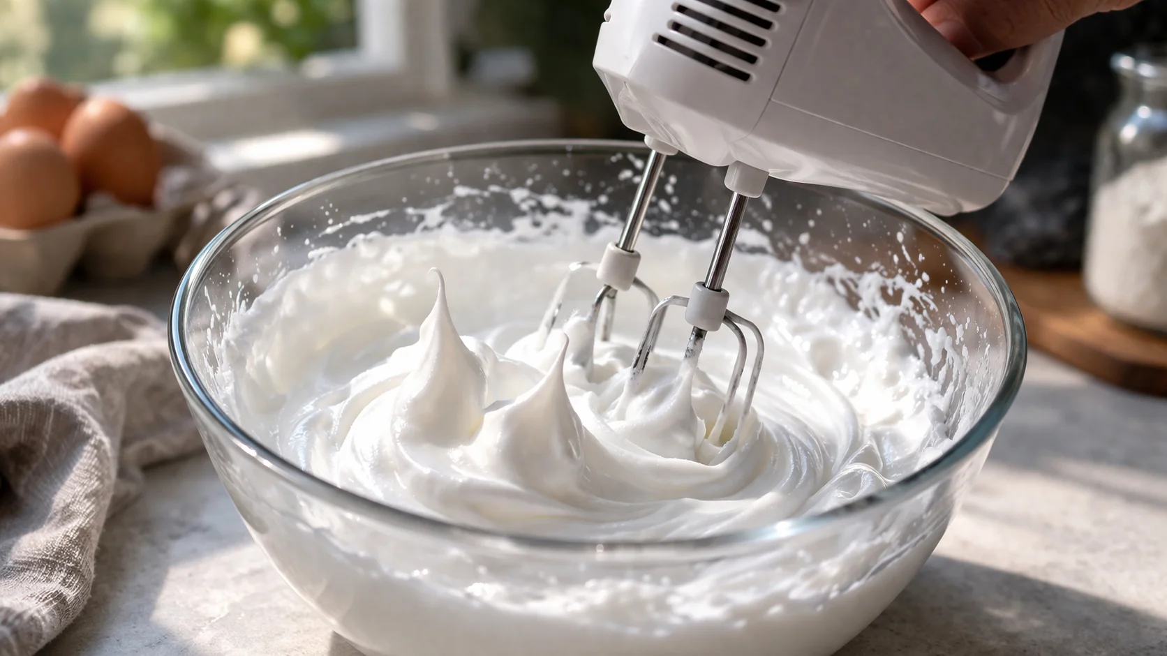 Batteur électrique en action montant des blancs d'oeufs en neige ferme et brillante dans un saladier en inox, texture mousseuse et brillante avec pics bien formés