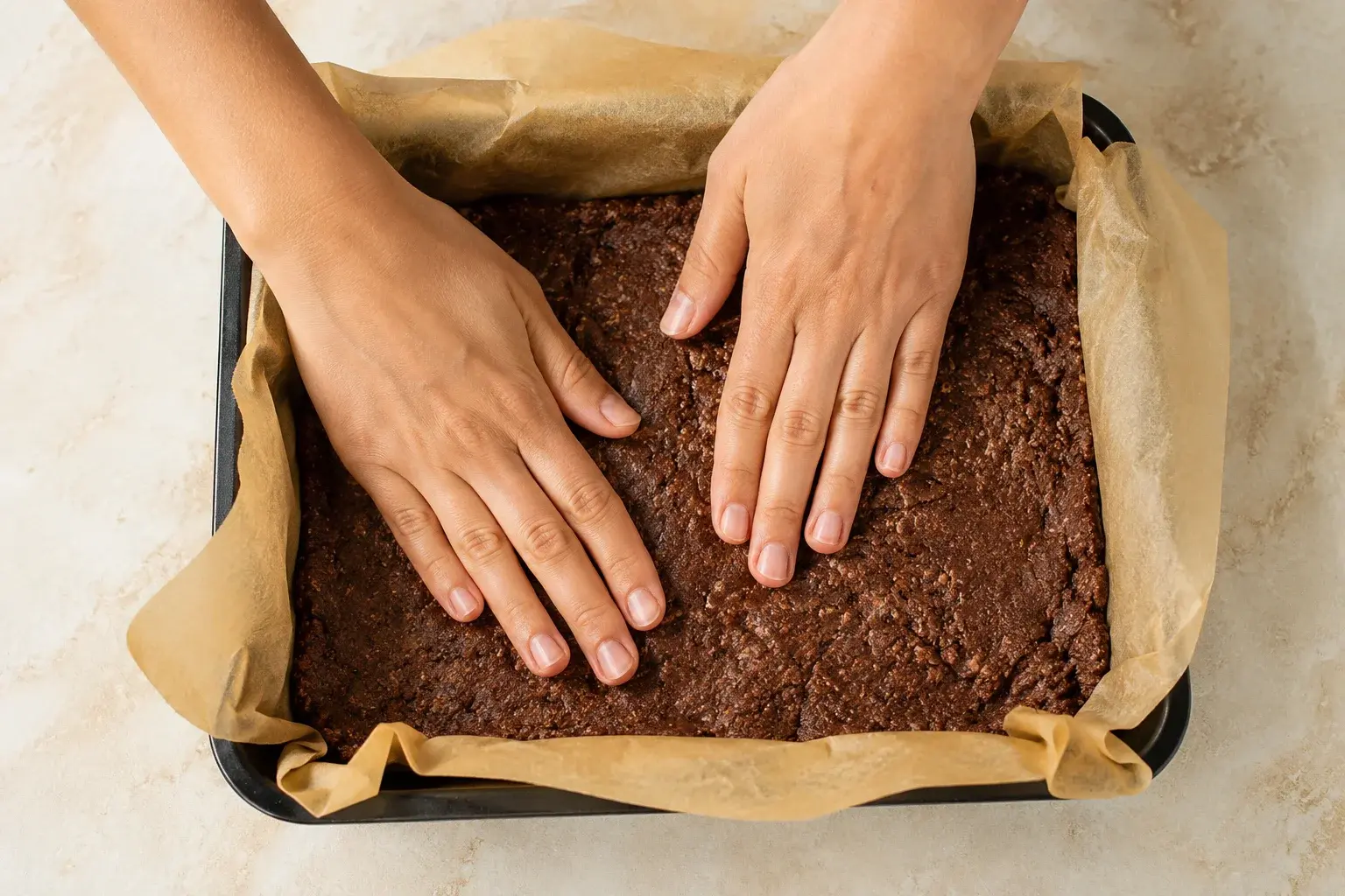 Pâte à barres chocolat-noisette tassée dans un moule rectangulaire