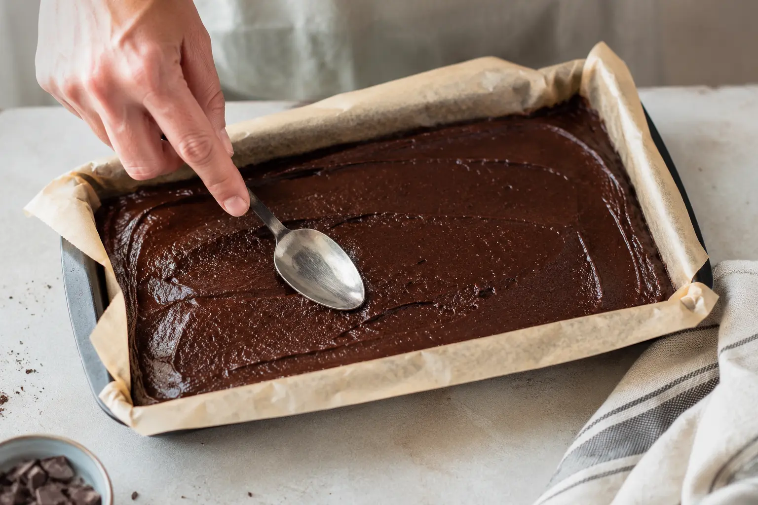 Pâte de brownie protéiné étalée dans un moule rectangulaire avant cuisson