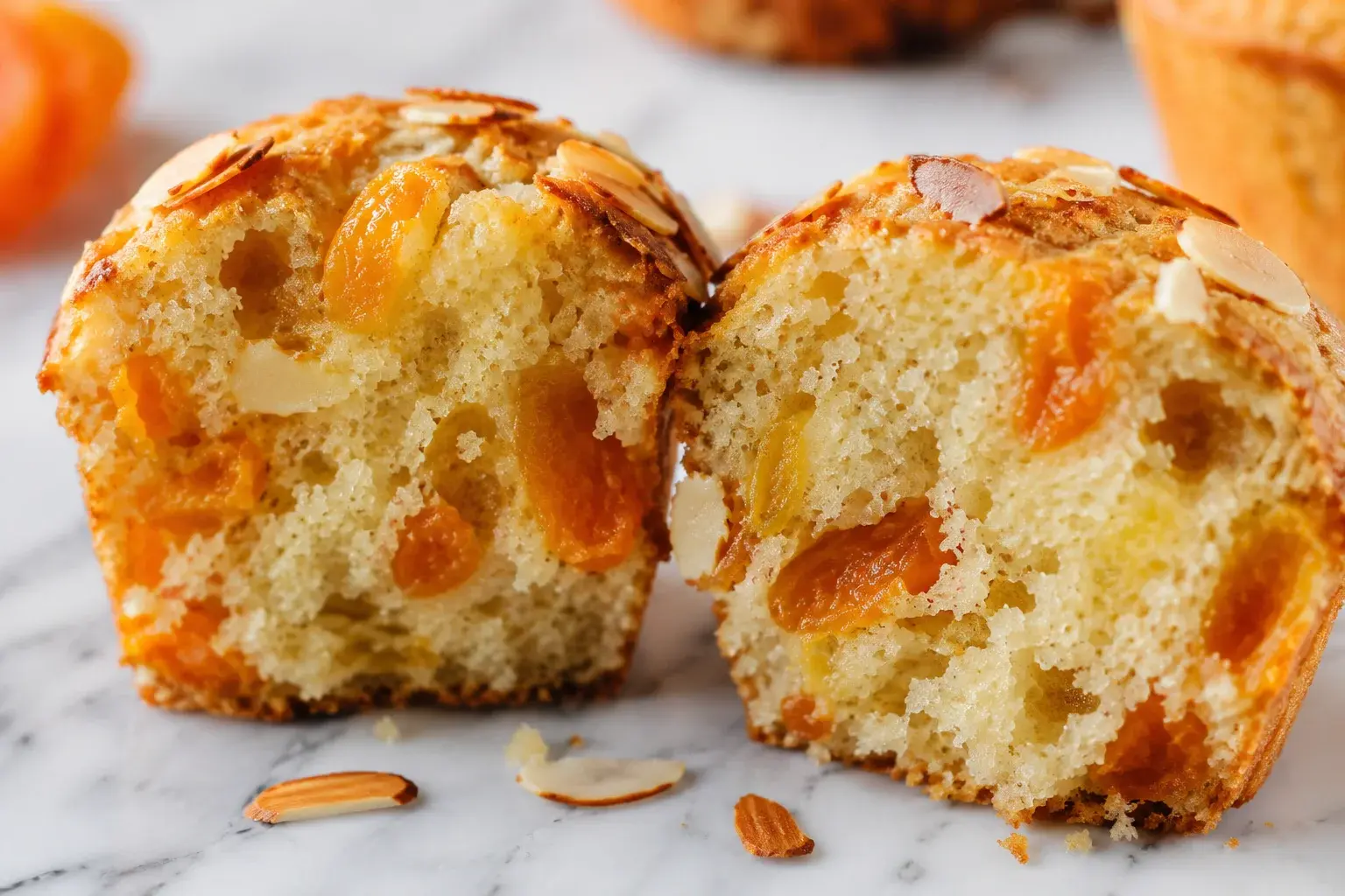 Gros plan sur un muffin abricots-amandes coupé en deux montrant sa mie moelleuse parsemée de morceaux d'abricot orangé et d'amandes effilées